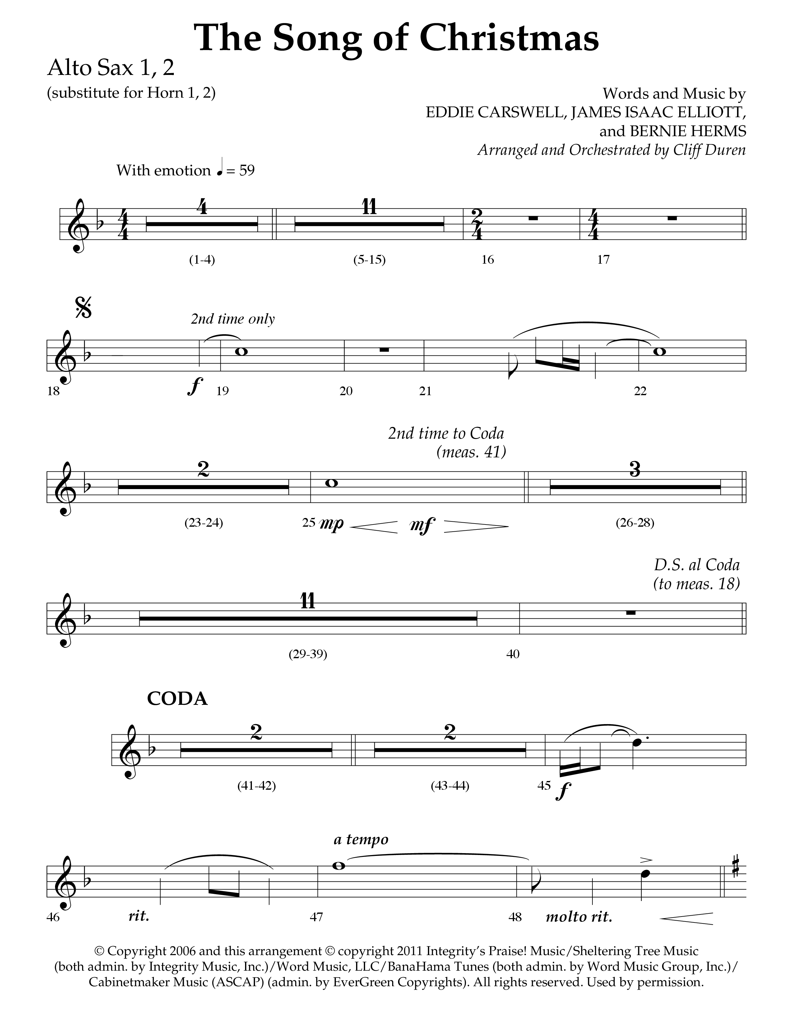 The Song Of Christmas (Choral Anthem SATB) Alto Sax 1/2 (Lifeway Choral / Arr. Cliff Duren)