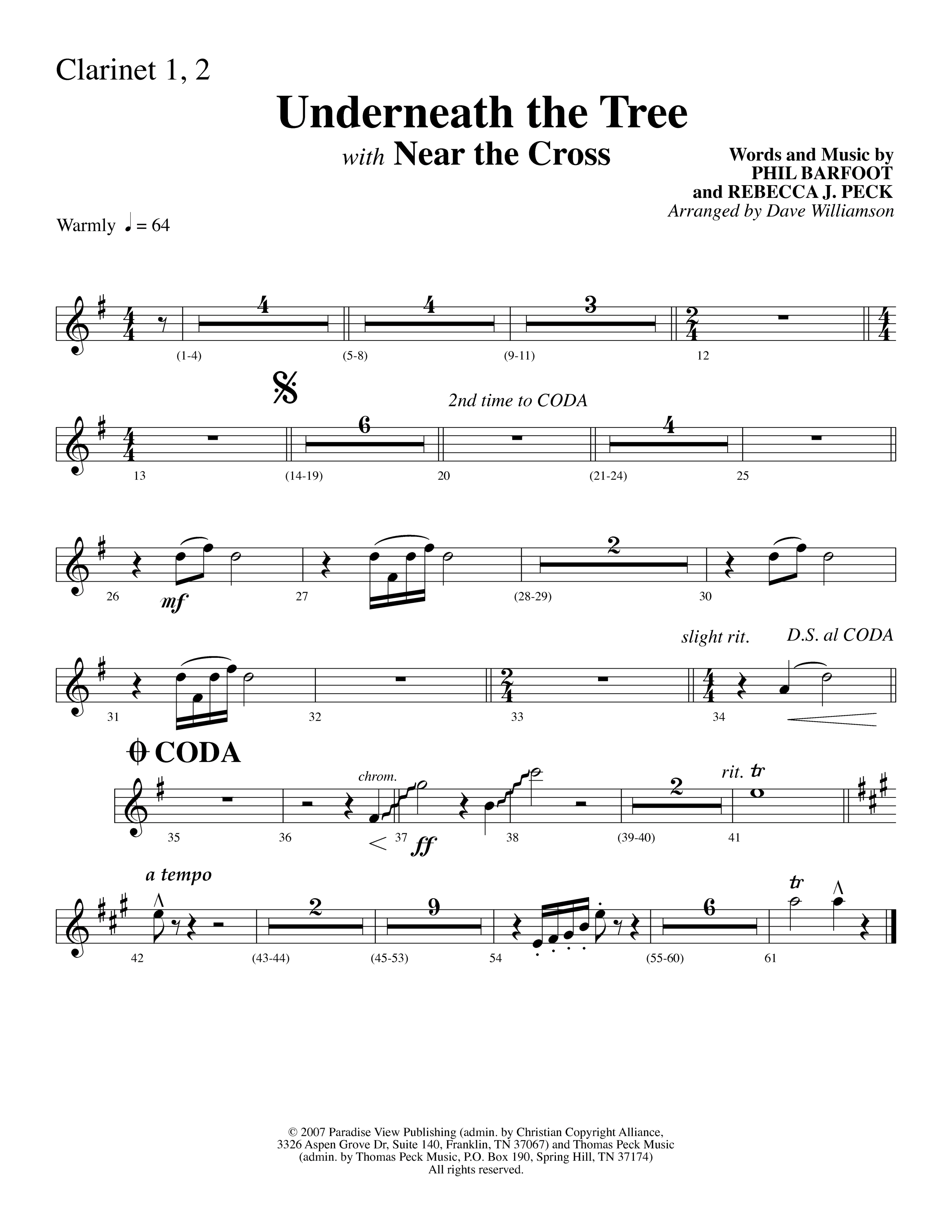Underneath The Tree (with Near The Cross) (Choral Anthem SATB) Clarinet 1/2 (Lifeway Choral / Arr. Dave Williamson)