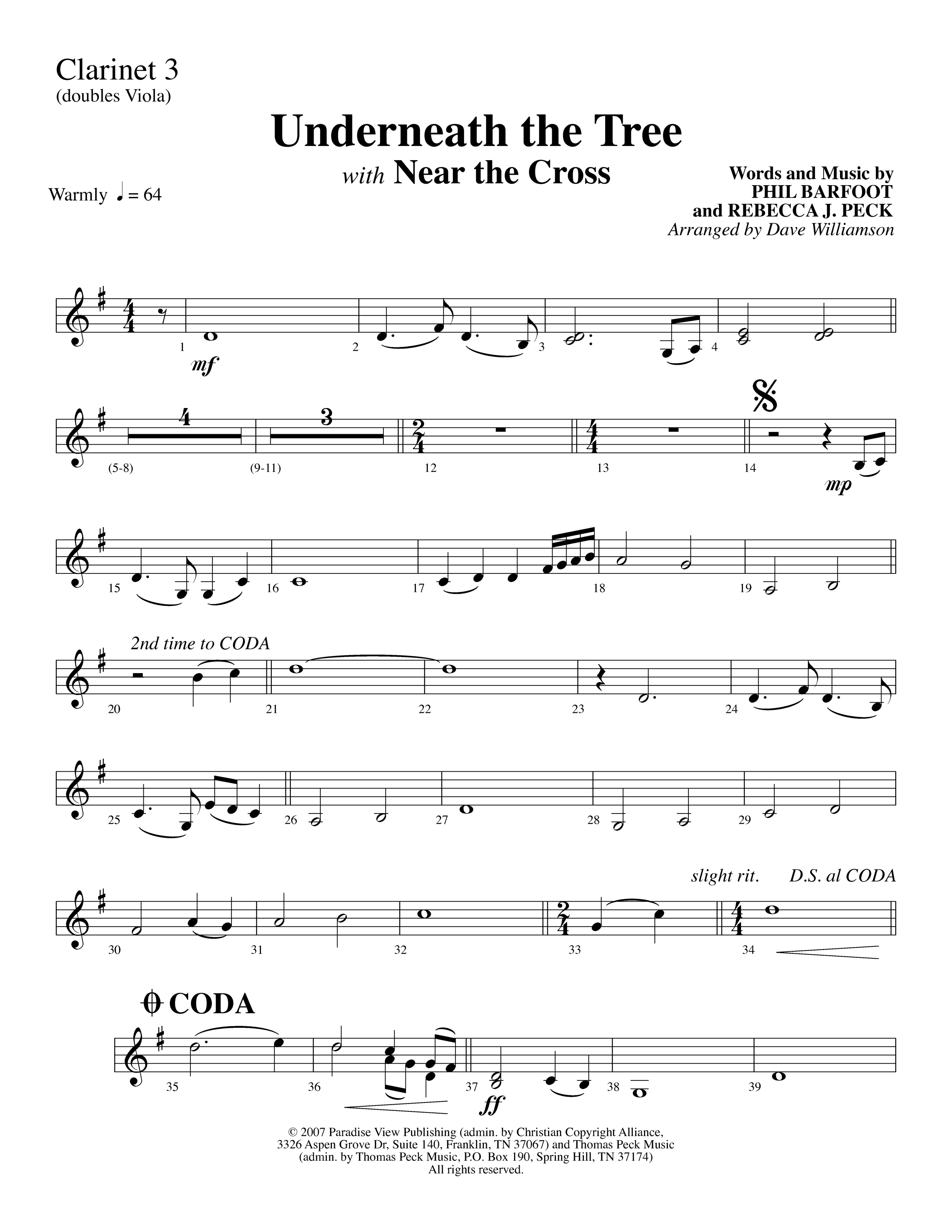Underneath The Tree (with Near The Cross) (Choral Anthem SATB) Clarinet 3 (Lifeway Choral / Arr. Dave Williamson)