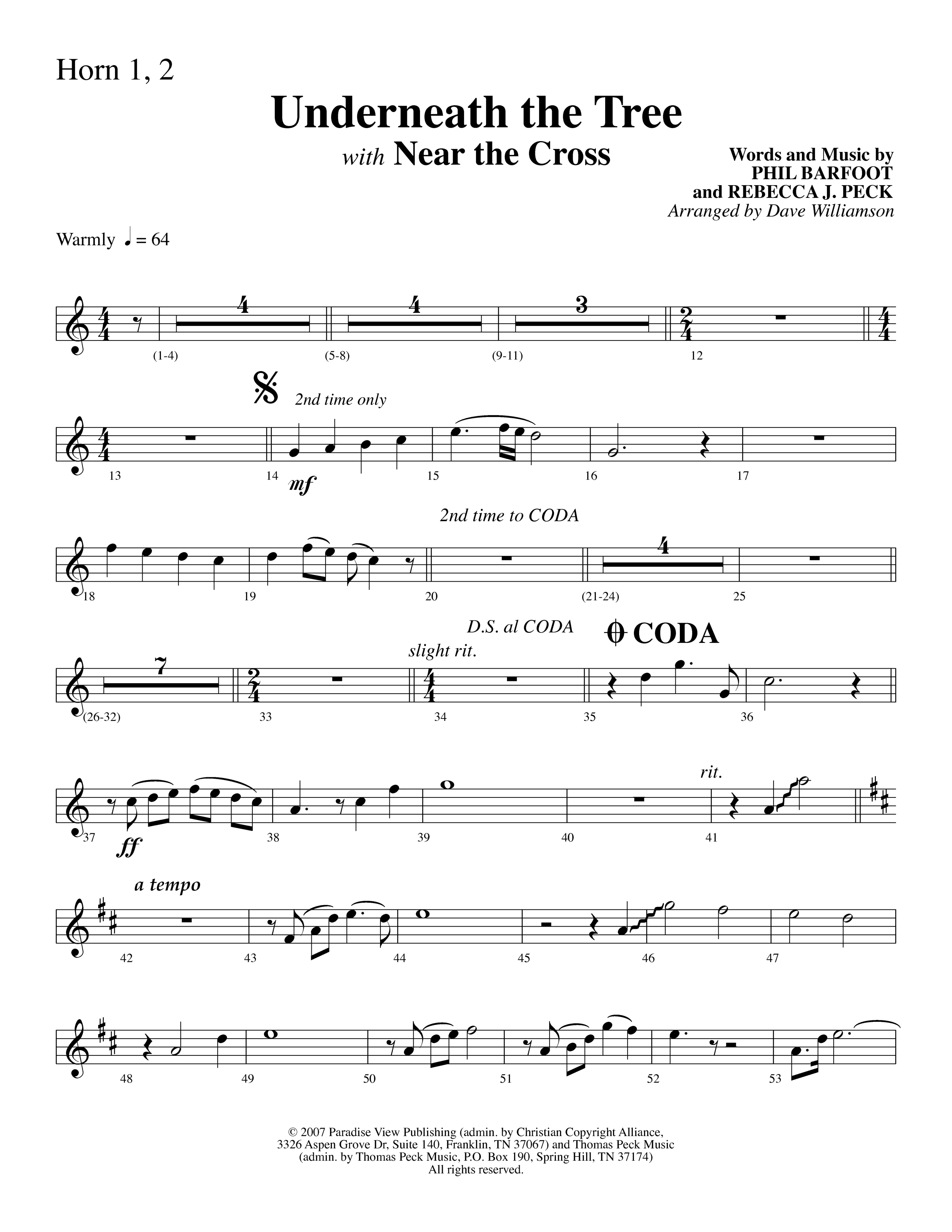 Underneath The Tree (with Near The Cross) (Choral Anthem SATB) French Horn 1/2 (Lifeway Choral / Arr. Dave Williamson)