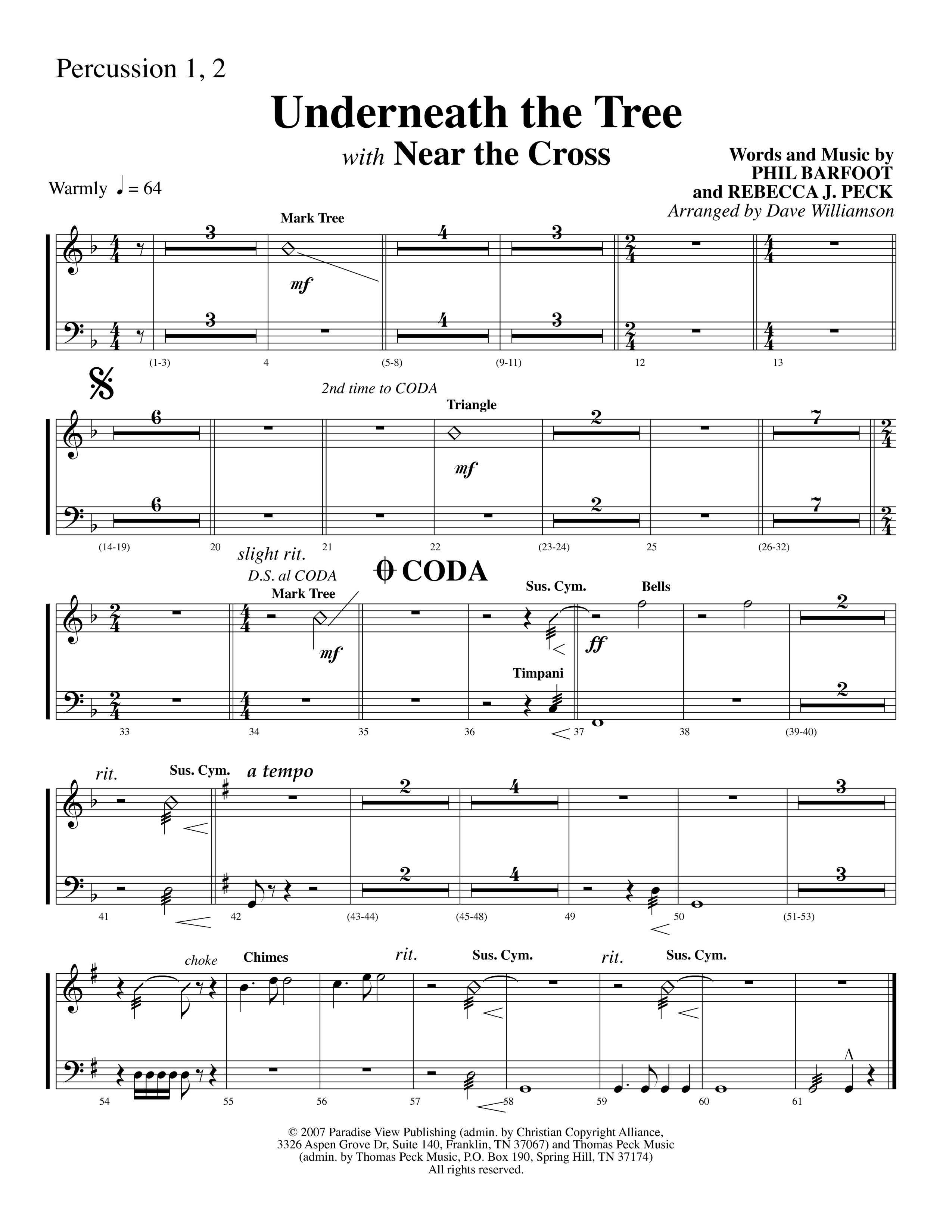 Underneath The Tree (with Near The Cross) (Choral Anthem SATB) Percussion 1/2 (Lifeway Choral / Arr. Dave Williamson)
