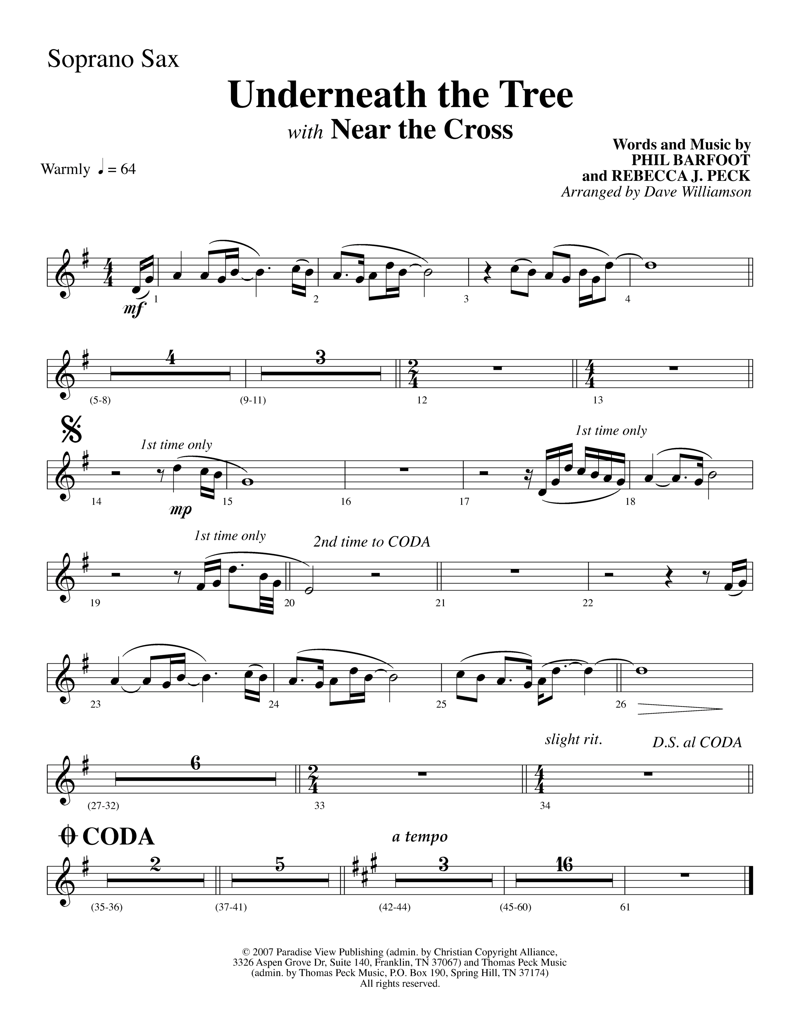 Underneath The Tree (with Near The Cross) (Choral Anthem SATB) Soprano Sax (Lifeway Choral / Arr. Dave Williamson)