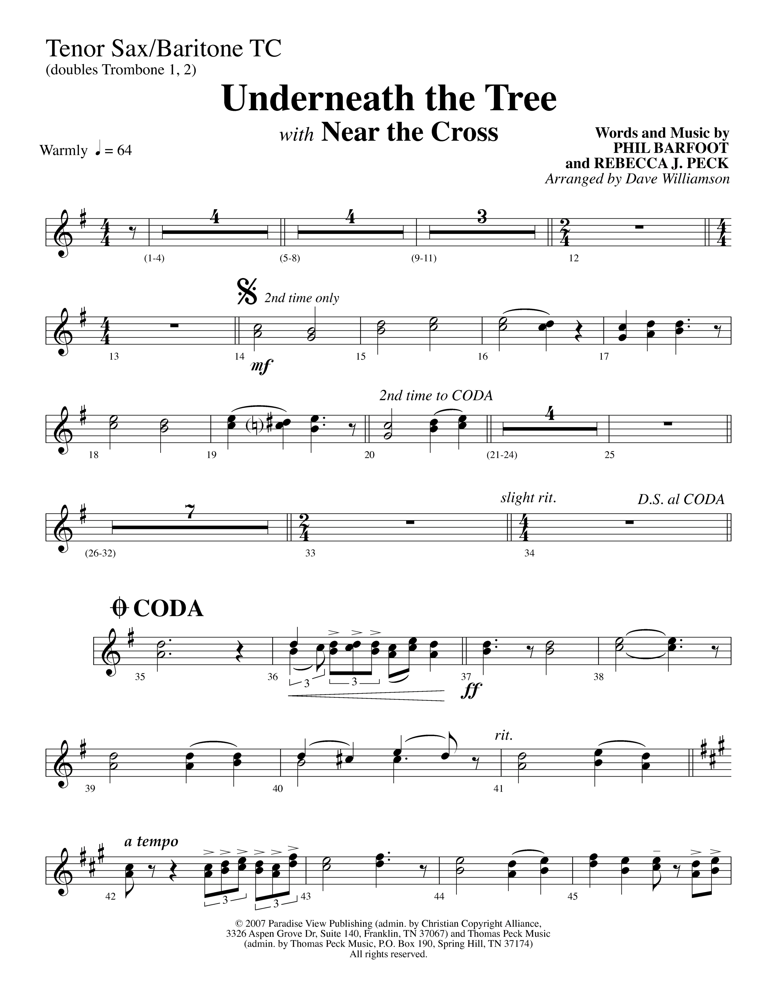 Underneath The Tree (with Near The Cross) (Choral Anthem SATB) Tenor Sax/Baritone T.C. (Lifeway Choral / Arr. Dave Williamson)