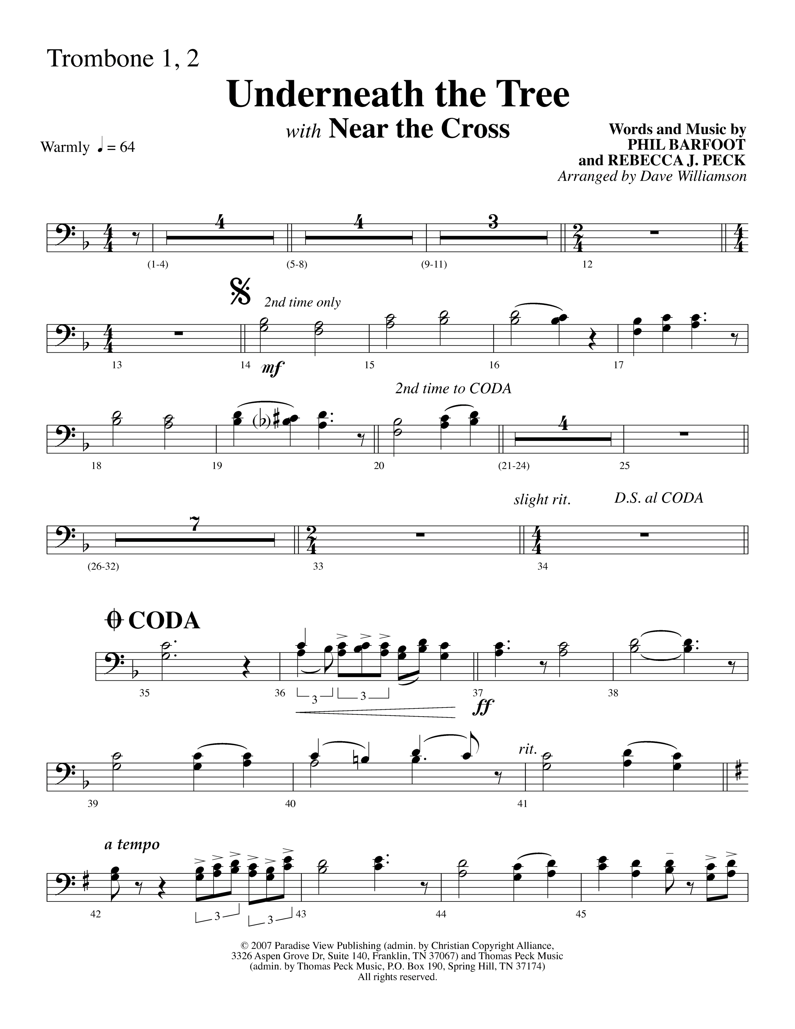 Underneath The Tree (with Near The Cross) (Choral Anthem SATB) Trombone 1/2 (Lifeway Choral / Arr. Dave Williamson)