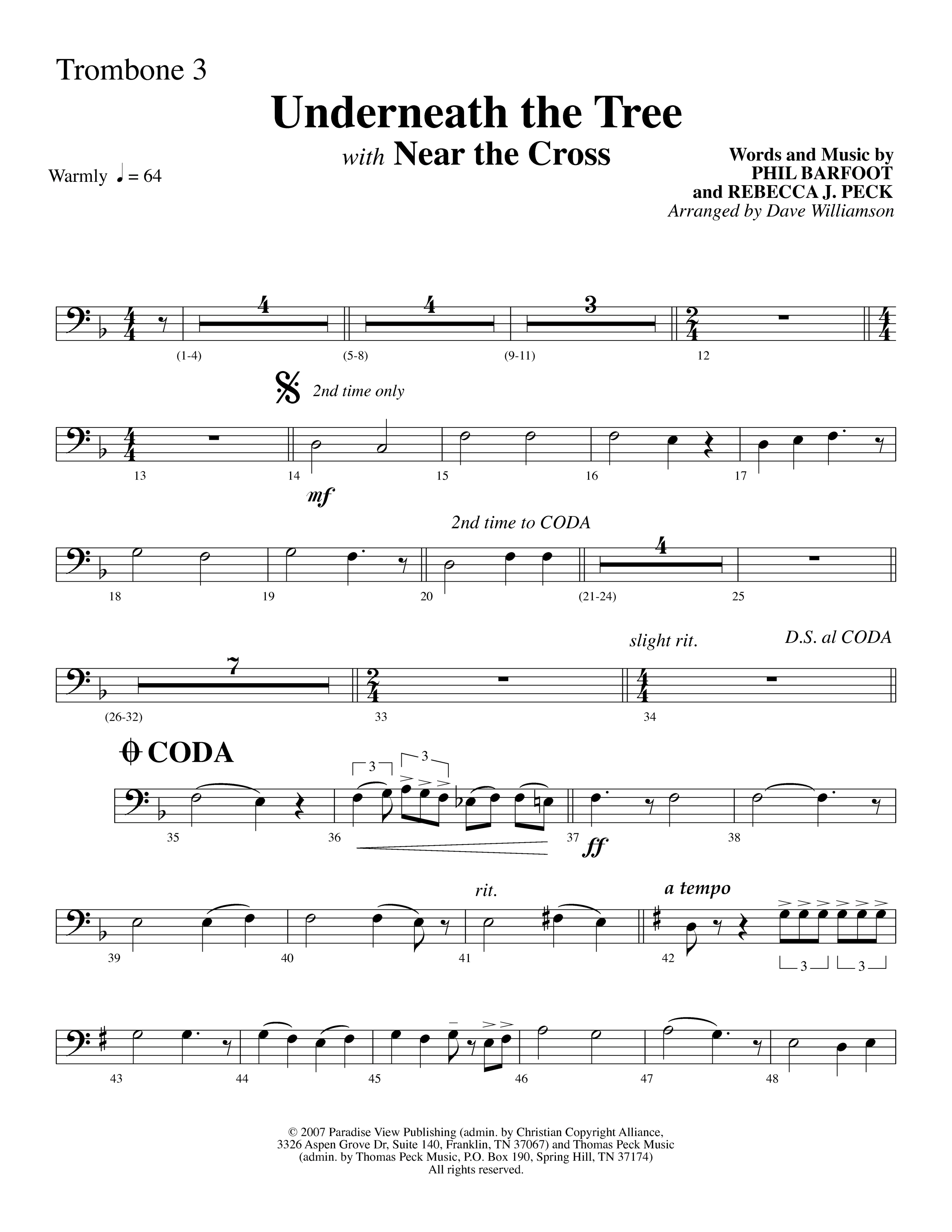 Underneath The Tree (with Near The Cross) (Choral Anthem SATB) Trombone 3 (Lifeway Choral / Arr. Dave Williamson)