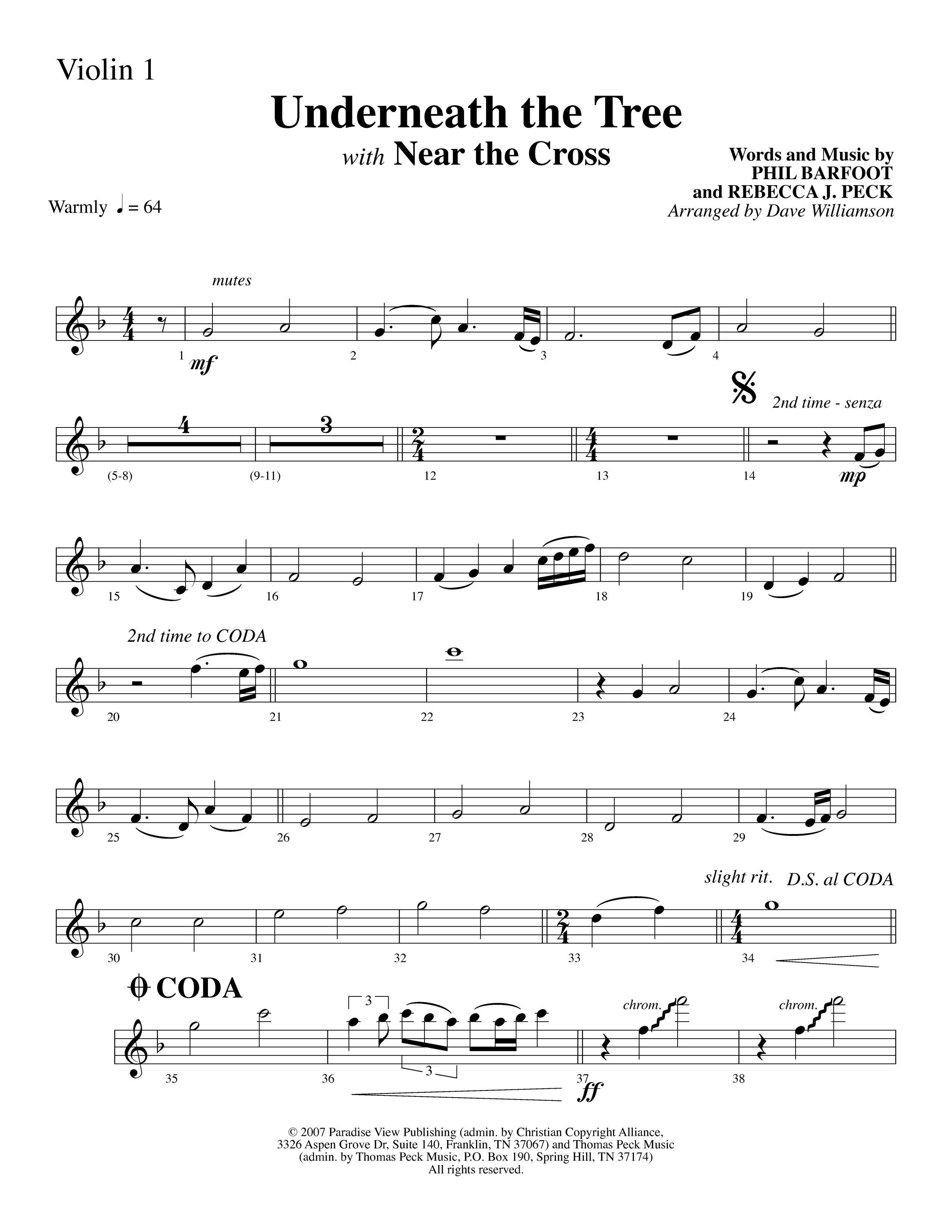 Underneath The Tree (with Near The Cross) (Choral Anthem SATB) Violin 1 (Lifeway Choral / Arr. Dave Williamson)