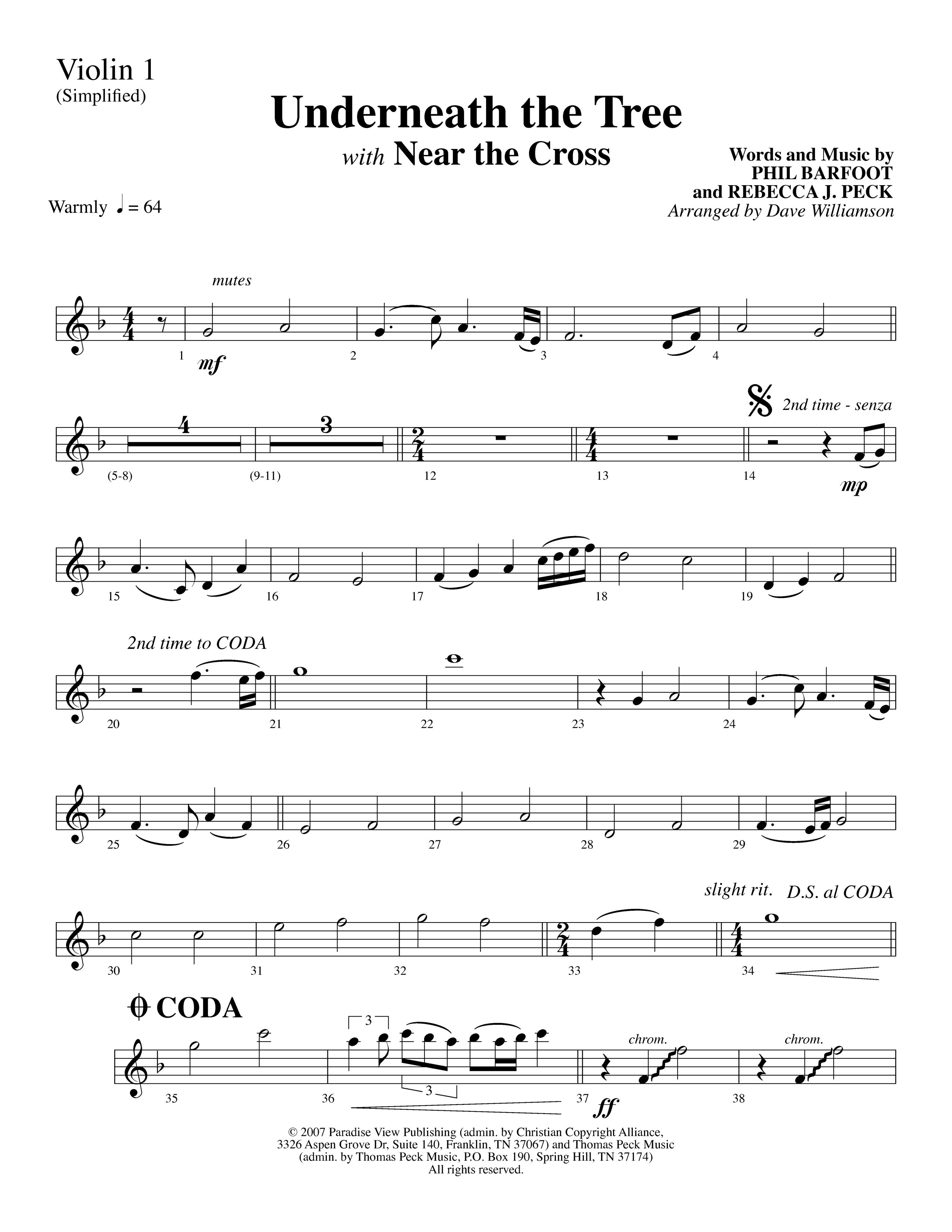 Underneath The Tree (with Near The Cross) (Choral Anthem SATB) Violin 1 (Lifeway Choral / Arr. Dave Williamson)