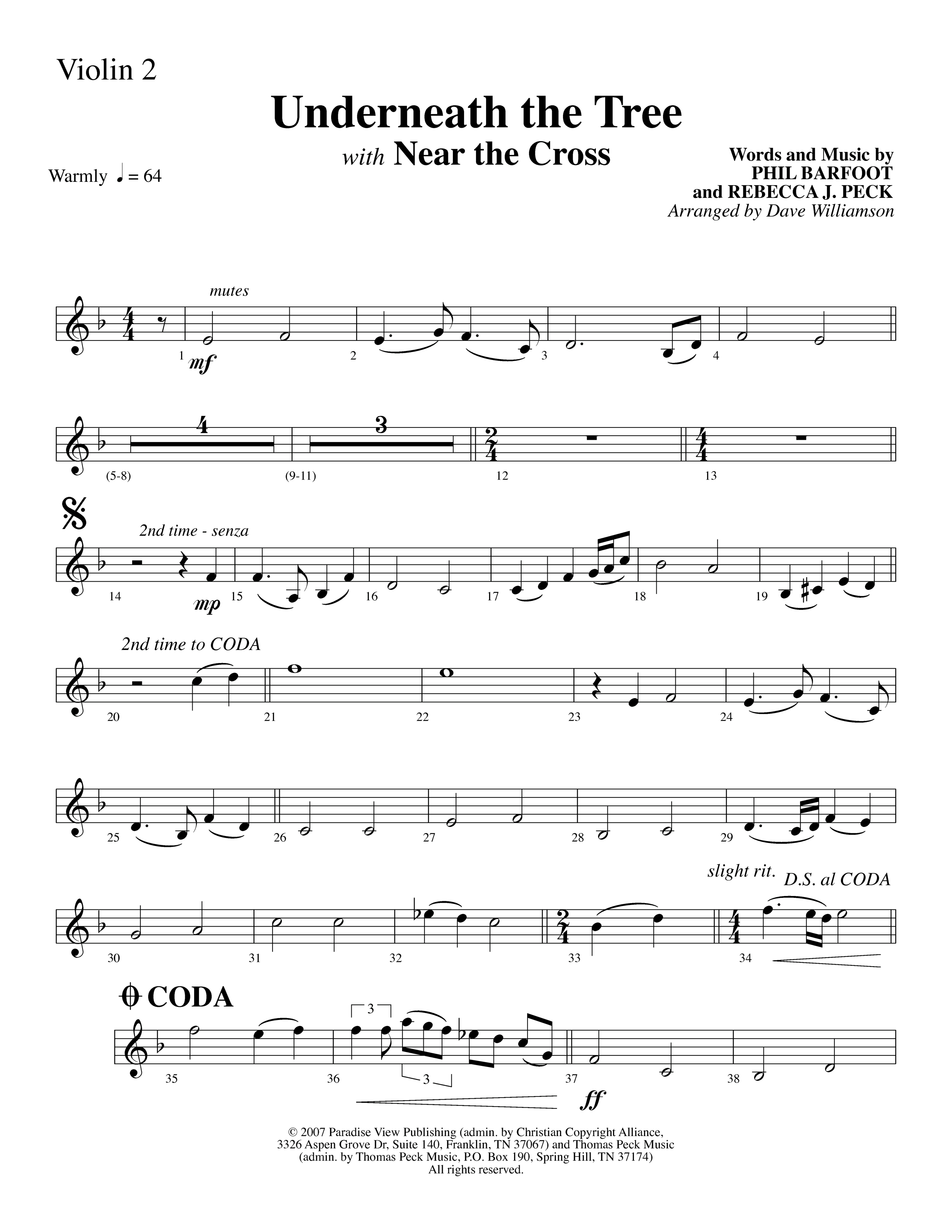 Underneath The Tree (with Near The Cross) (Choral Anthem SATB) Violin 2 (Lifeway Choral / Arr. Dave Williamson)