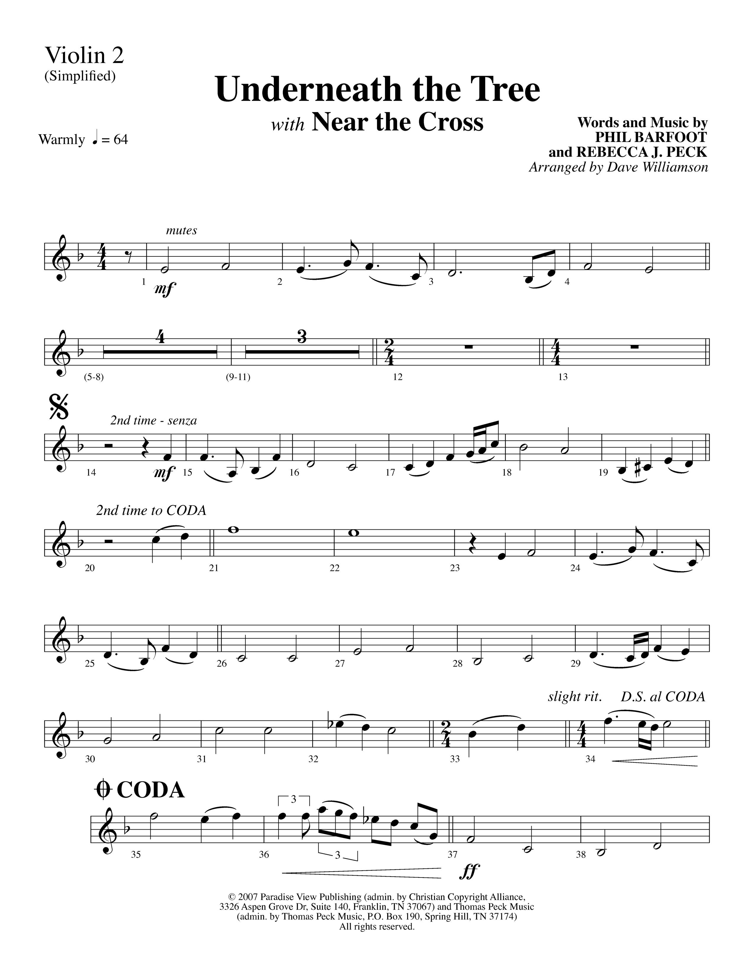 Underneath The Tree (with Near The Cross) (Choral Anthem SATB) Violin 2 (Lifeway Choral / Arr. Dave Williamson)