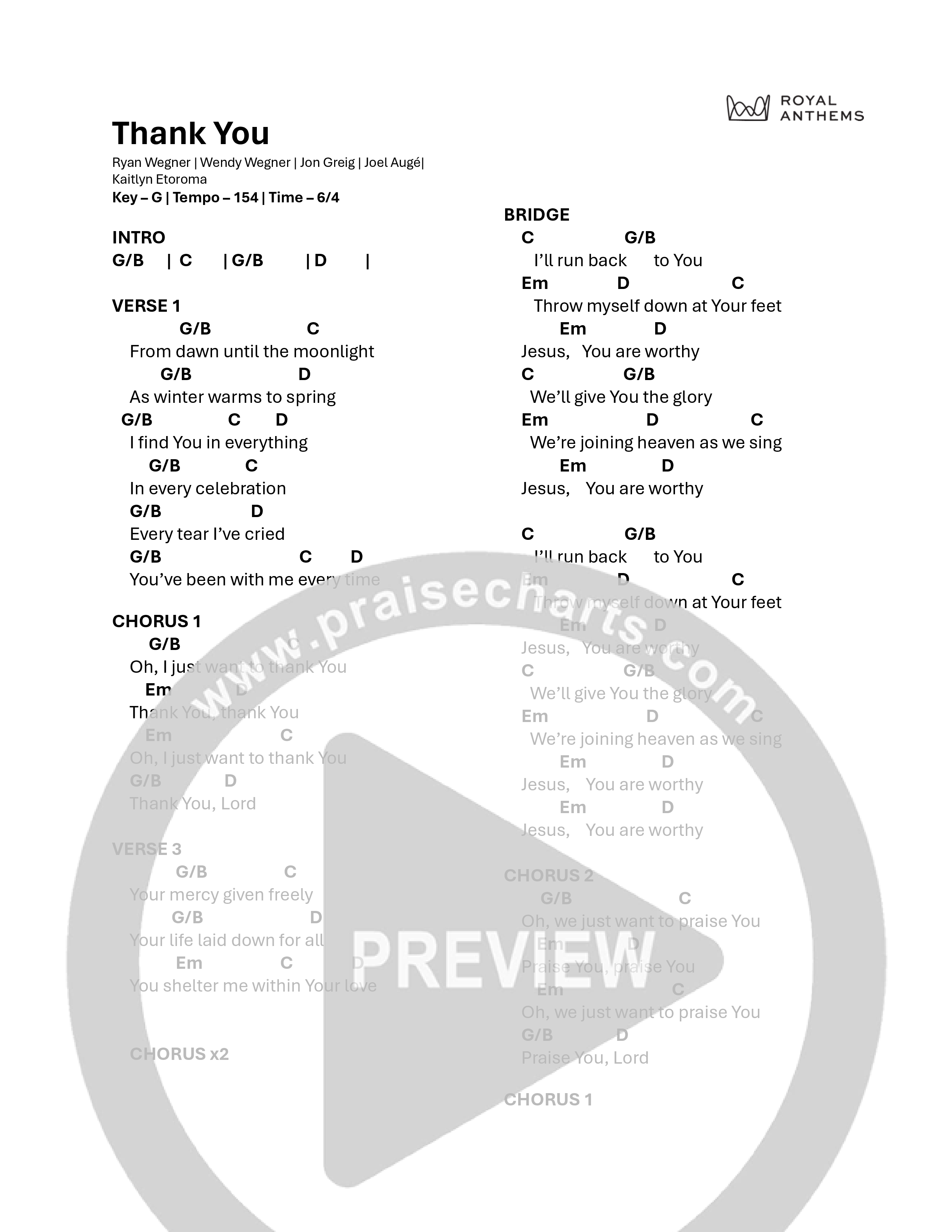 Thank You Chord Chart (Royal Anthems / Ryan Wegner / Wendy Wegner)