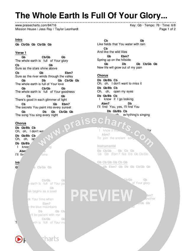 The Whole Earth Is Full Of Your Glory (Live) Chord Chart (Mission House / Jess Ray / Taylor Leonhardt)