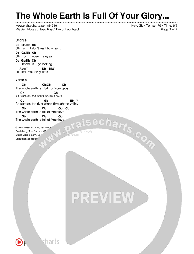 The Whole Earth Is Full Of Your Glory (Live) Chord Chart (Mission House / Jess Ray / Taylor Leonhardt)