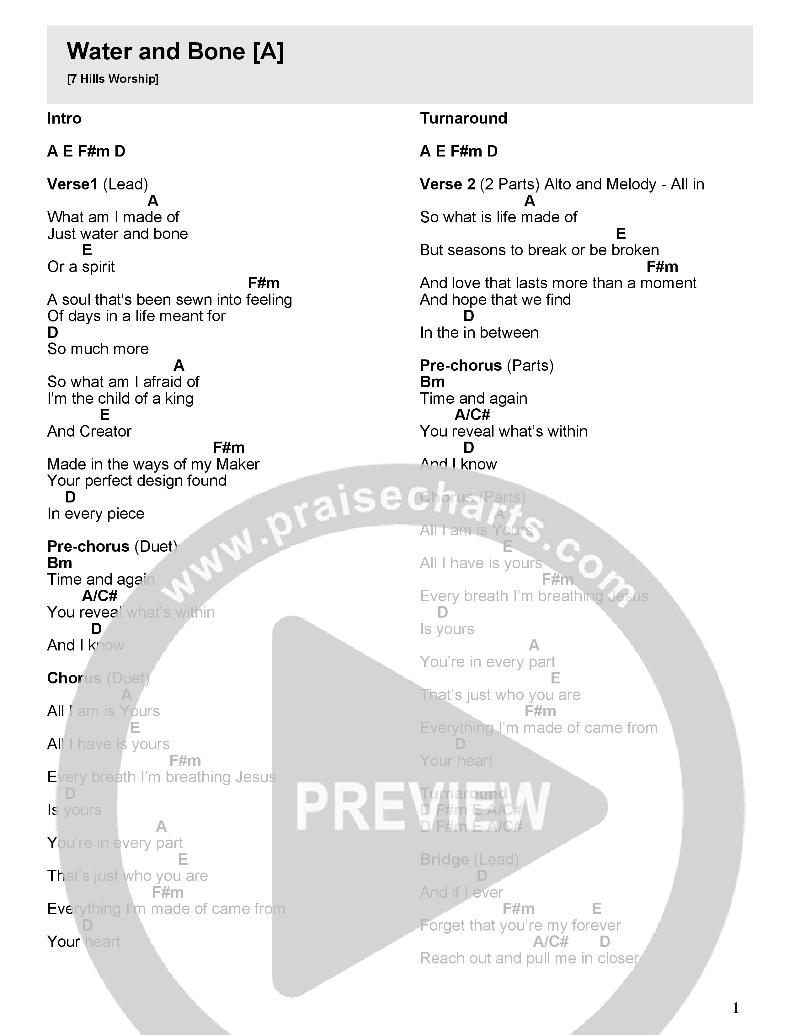 Water And Bone Chord Chart (7 Hills Worship)
