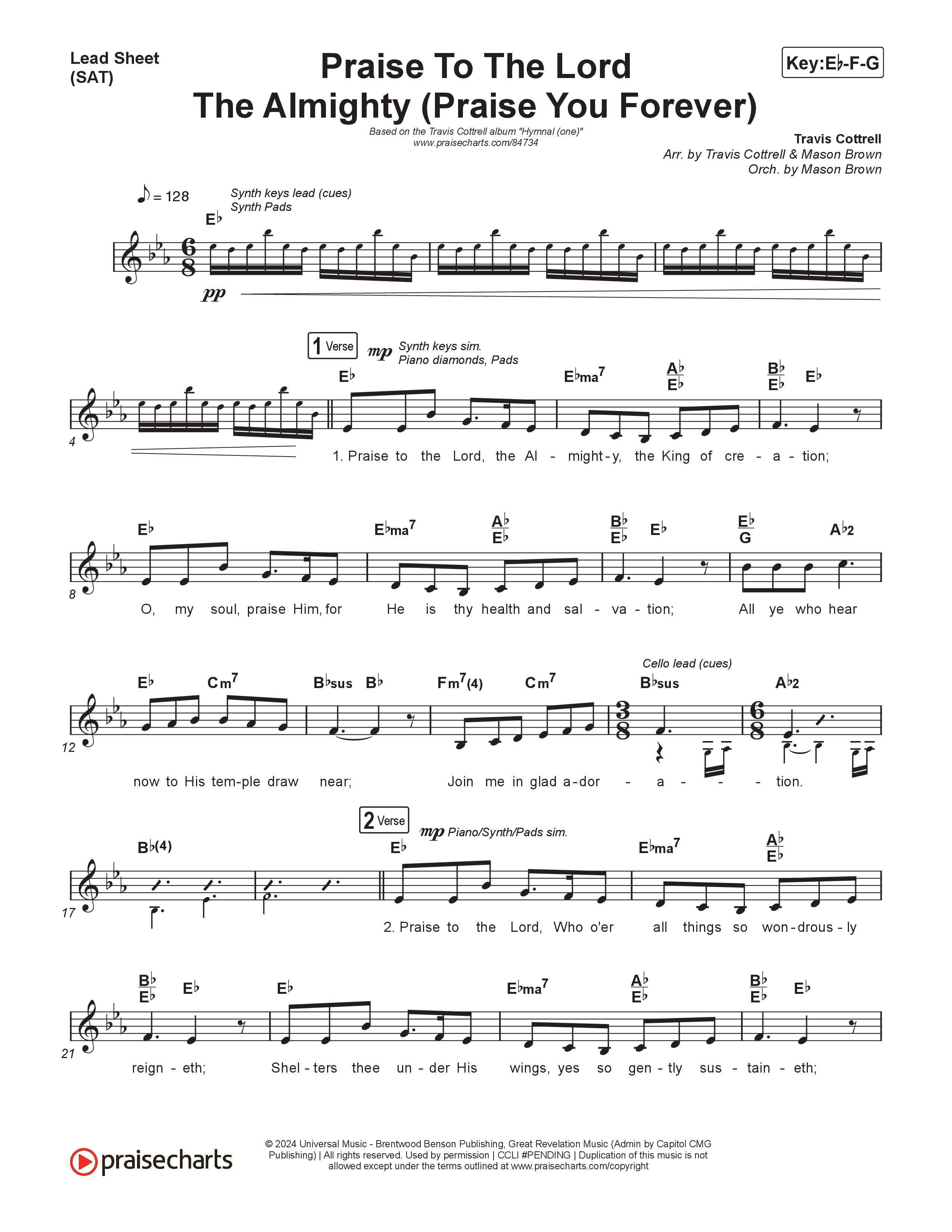 Praise To The Lord The Almighty (Praise You Forever) (Choral/SATB) Lead Sheet (SAT) (Travis Cottrell / Arr. Mason Brown)