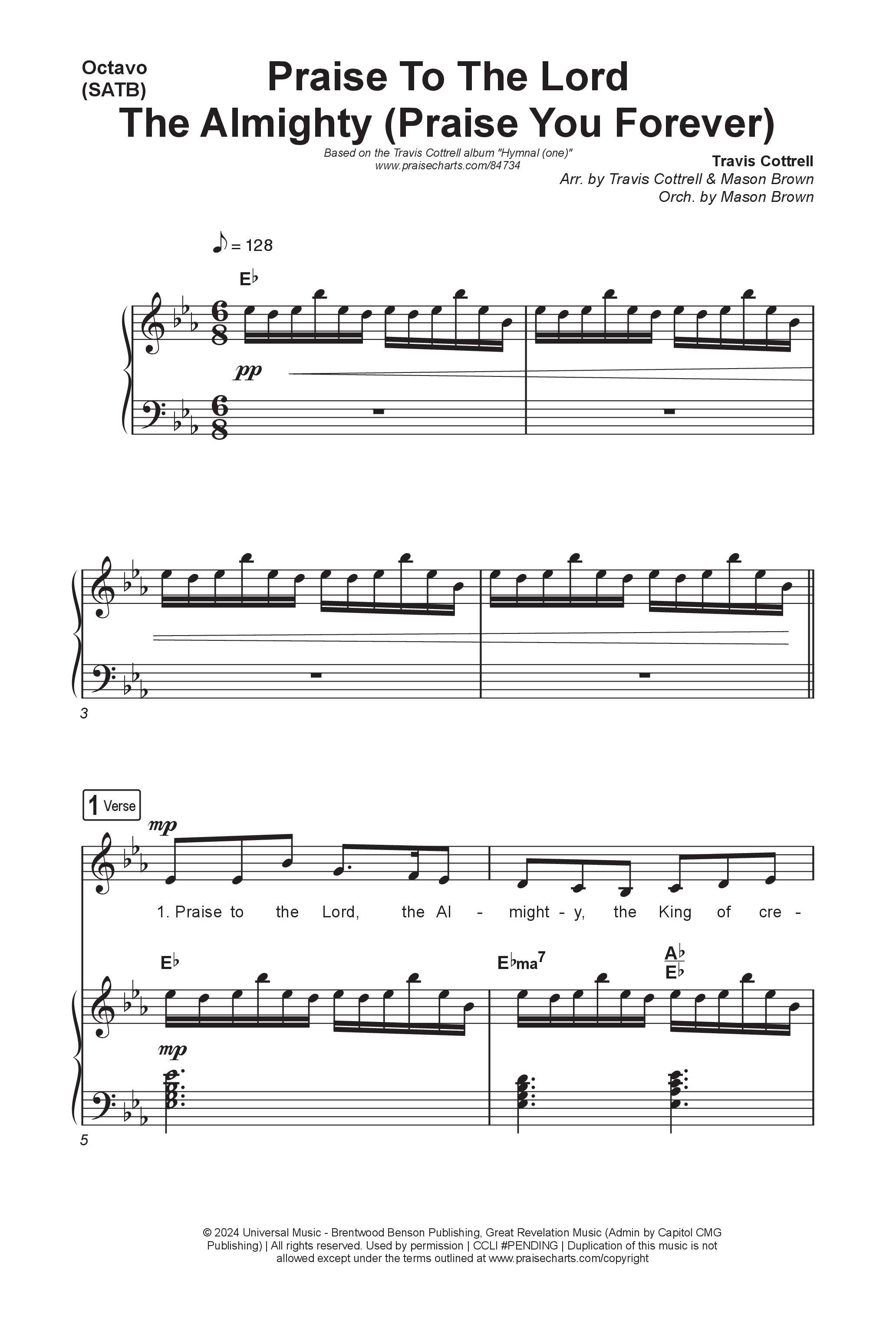 Praise To The Lord The Almighty (Praise You Forever) (Choral/SATB) Octavo (SATB & Pno) (Travis Cottrell / Arr. Mason Brown)