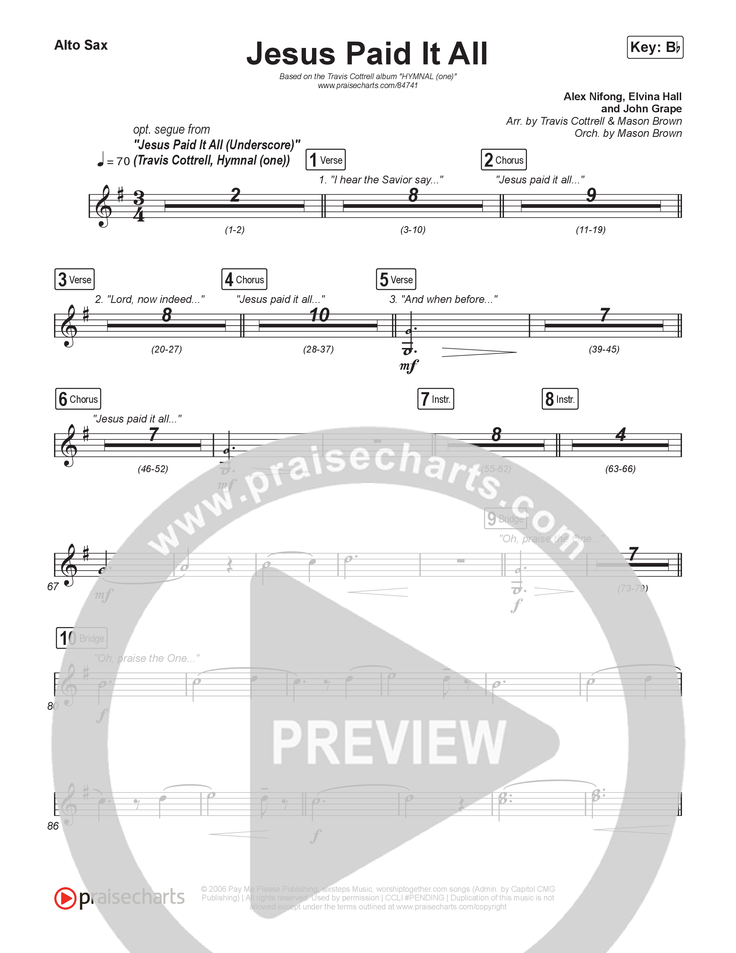 Jesus Paid It All (Choral/SATB) Alto Sax (Travis Cottrell / Arr. Mason Brown)