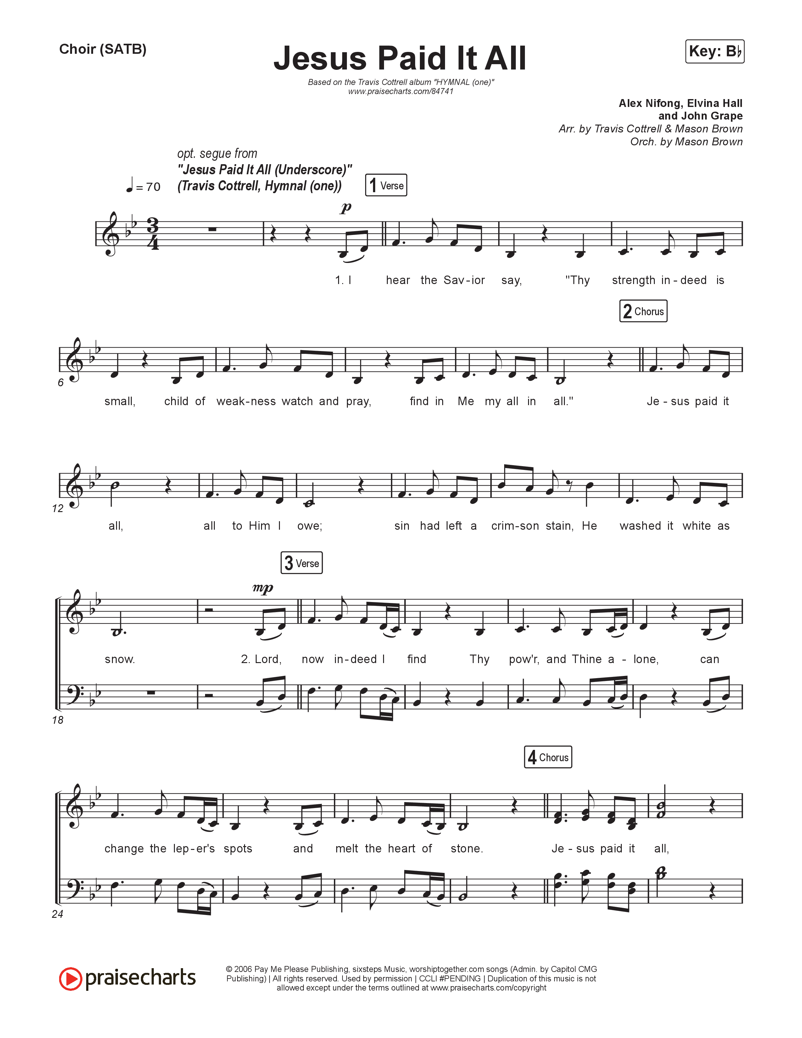 Jesus Paid It All (Choral/SATB) Choir Sheet (SATB) (Travis Cottrell / Arr. Mason Brown)