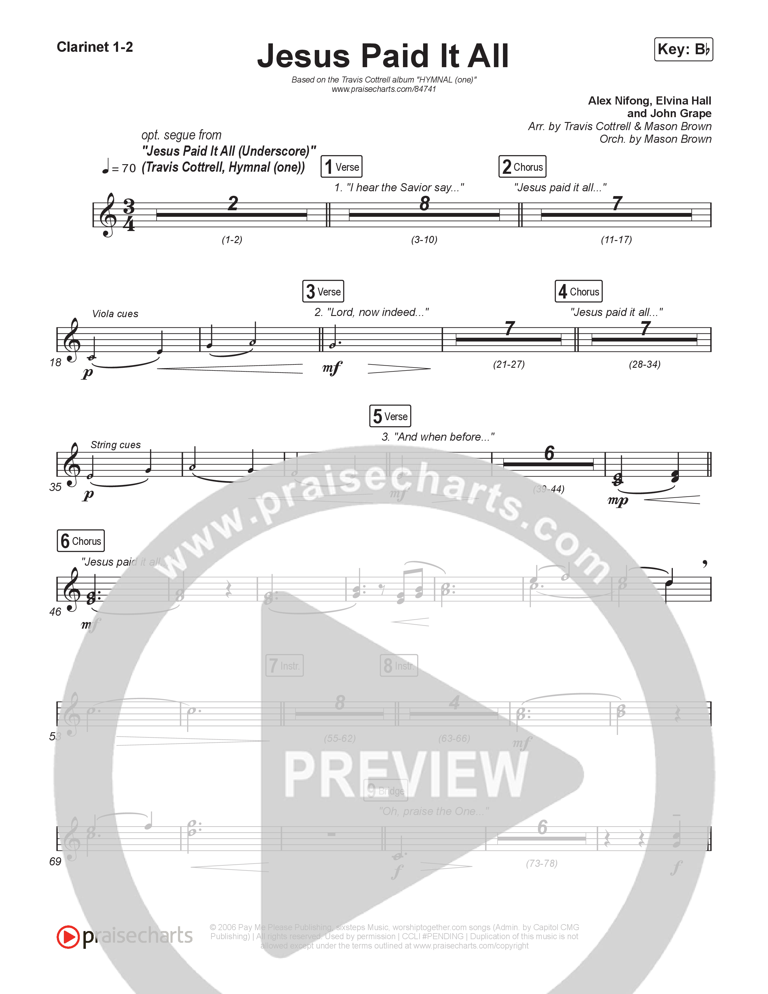 Jesus Paid It All (Choral/SATB) Clarinet 1/2 (Travis Cottrell / Arr. Mason Brown)