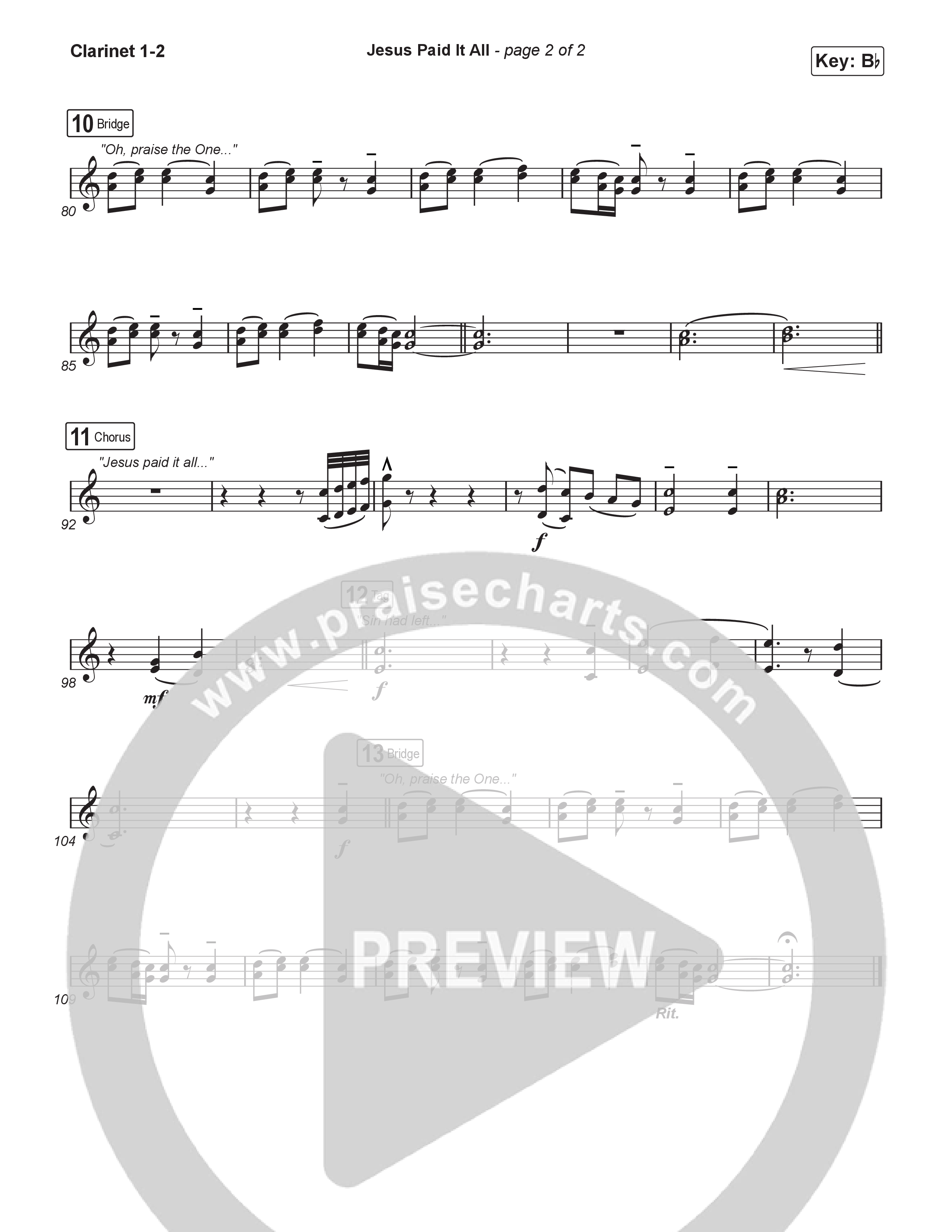 Jesus Paid It All (Choral/SATB) Clarinet 1/2 (Travis Cottrell / Arr. Mason Brown)