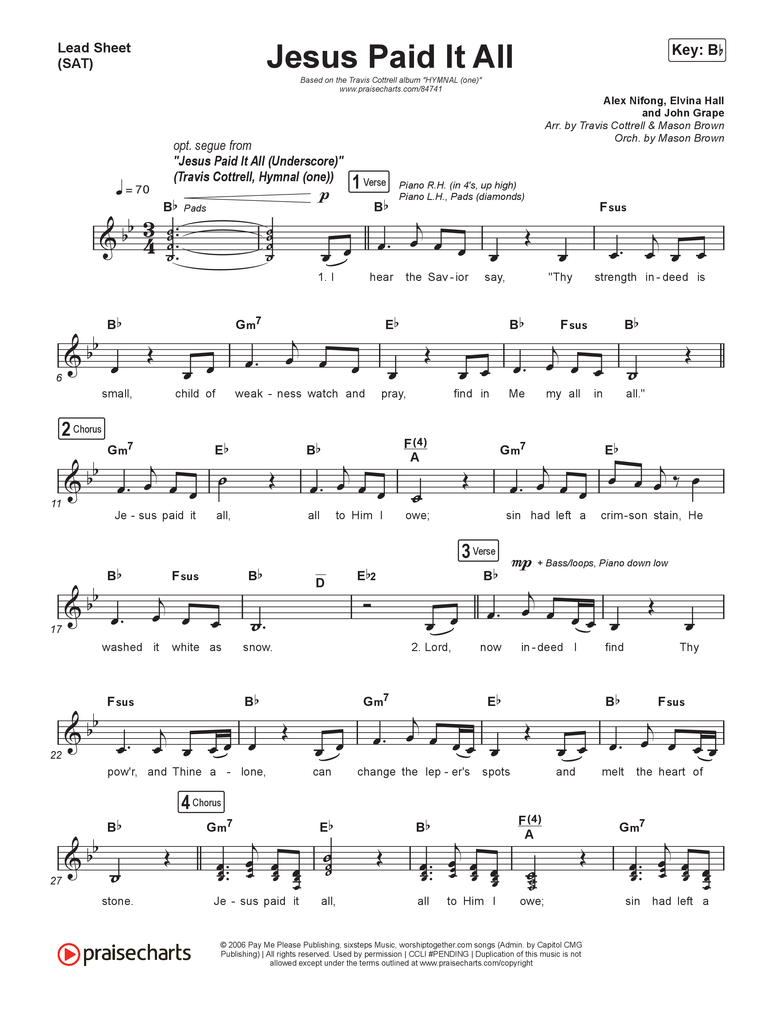 Jesus Paid It All (Choral/SATB) Lead Sheet (SAT) (Travis Cottrell / Arr. Mason Brown)