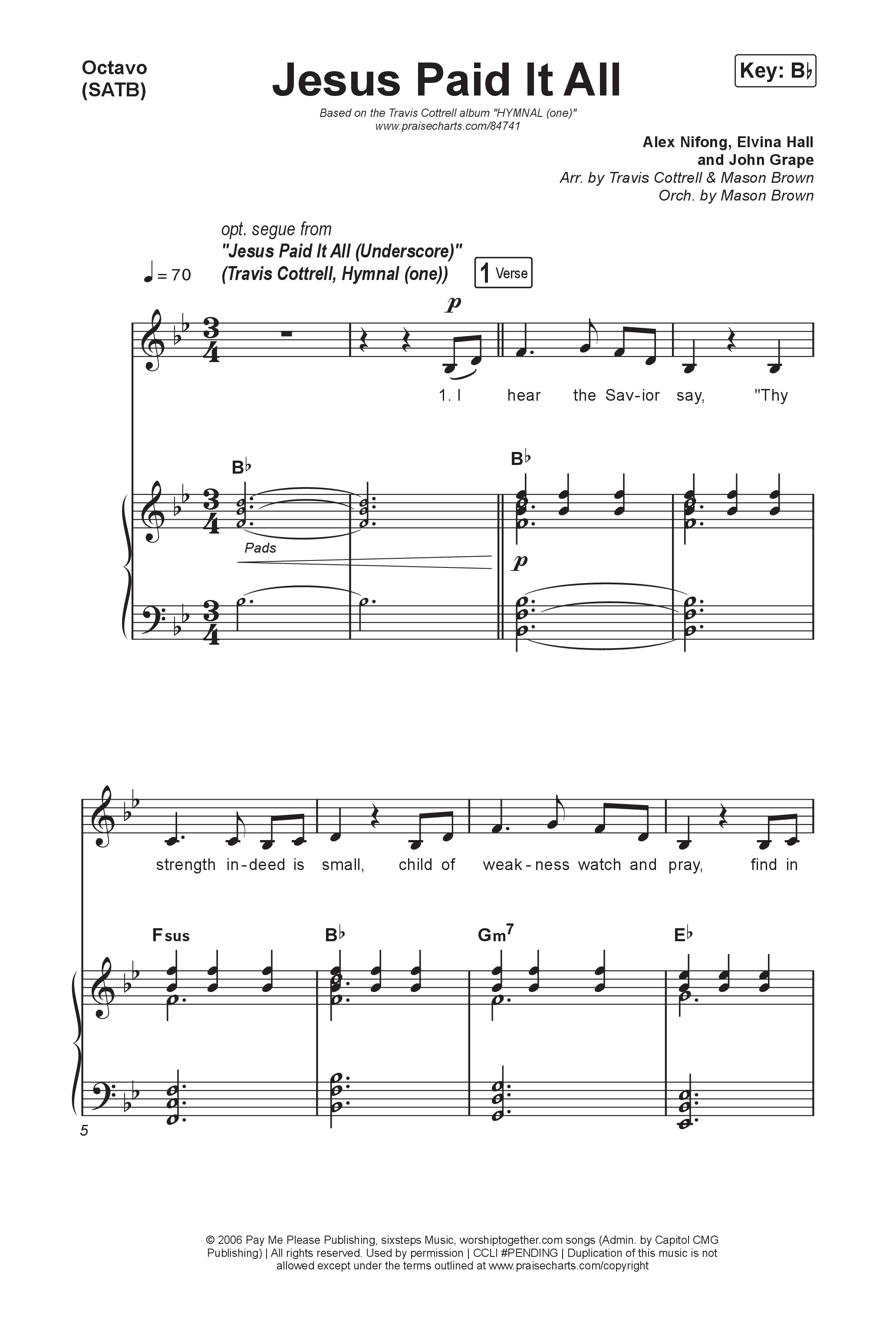 Jesus Paid It All (Choral/SATB) Octavo (SATB & Pno) (Travis Cottrell / Arr. Mason Brown)