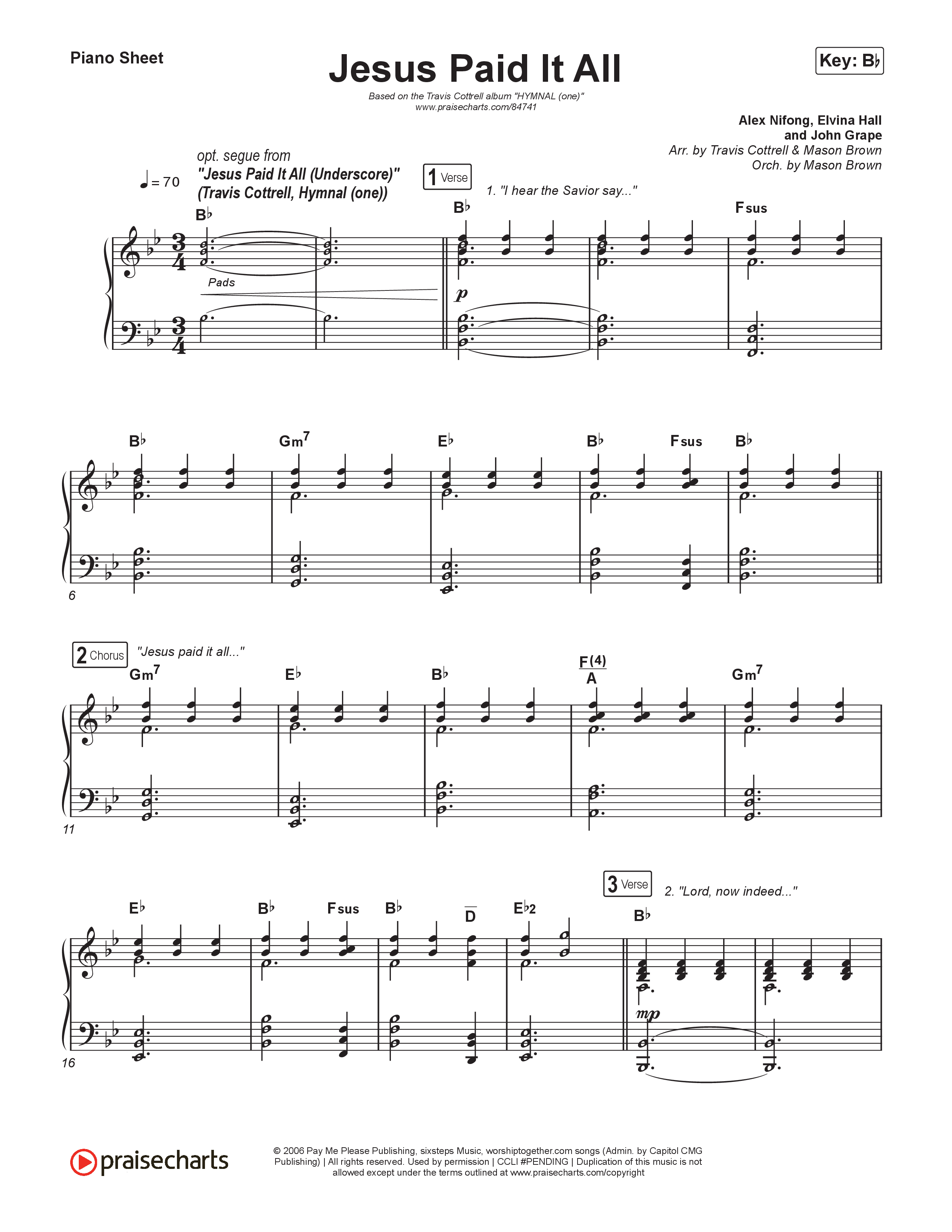 Jesus Paid It All (Choral/SATB) Piano Sheet (Travis Cottrell / Arr. Mason Brown)