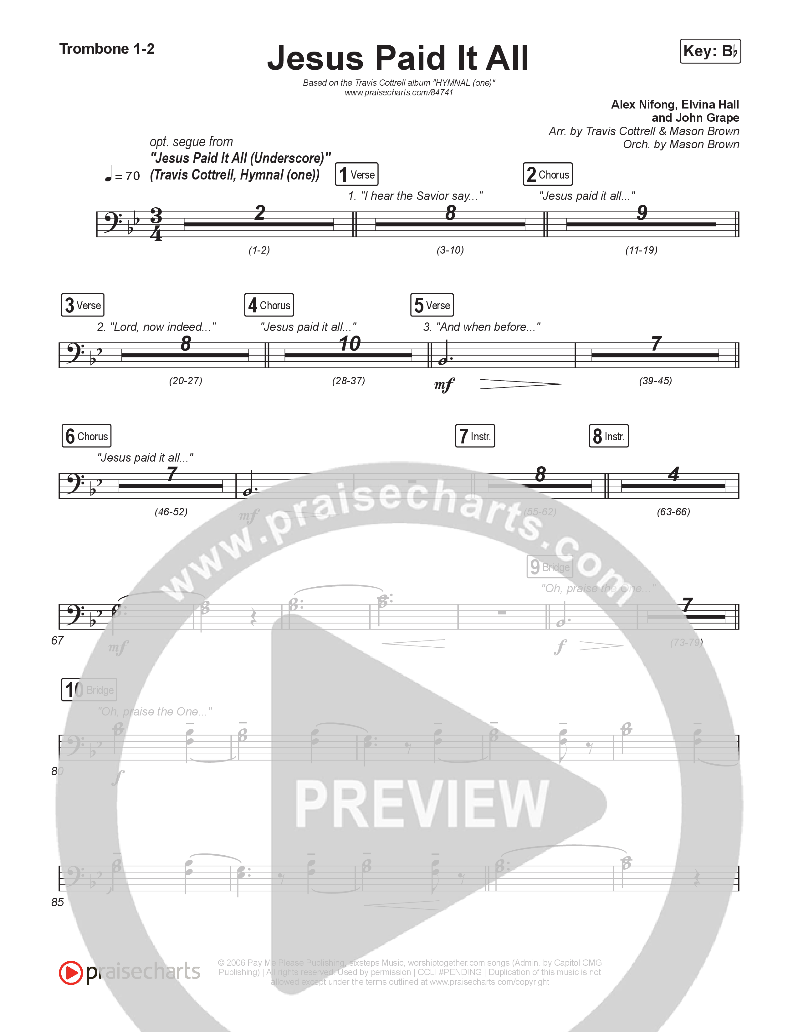 Jesus Paid It All (Choral/SATB) Trombone 1,2 (Travis Cottrell / Arr. Mason Brown)