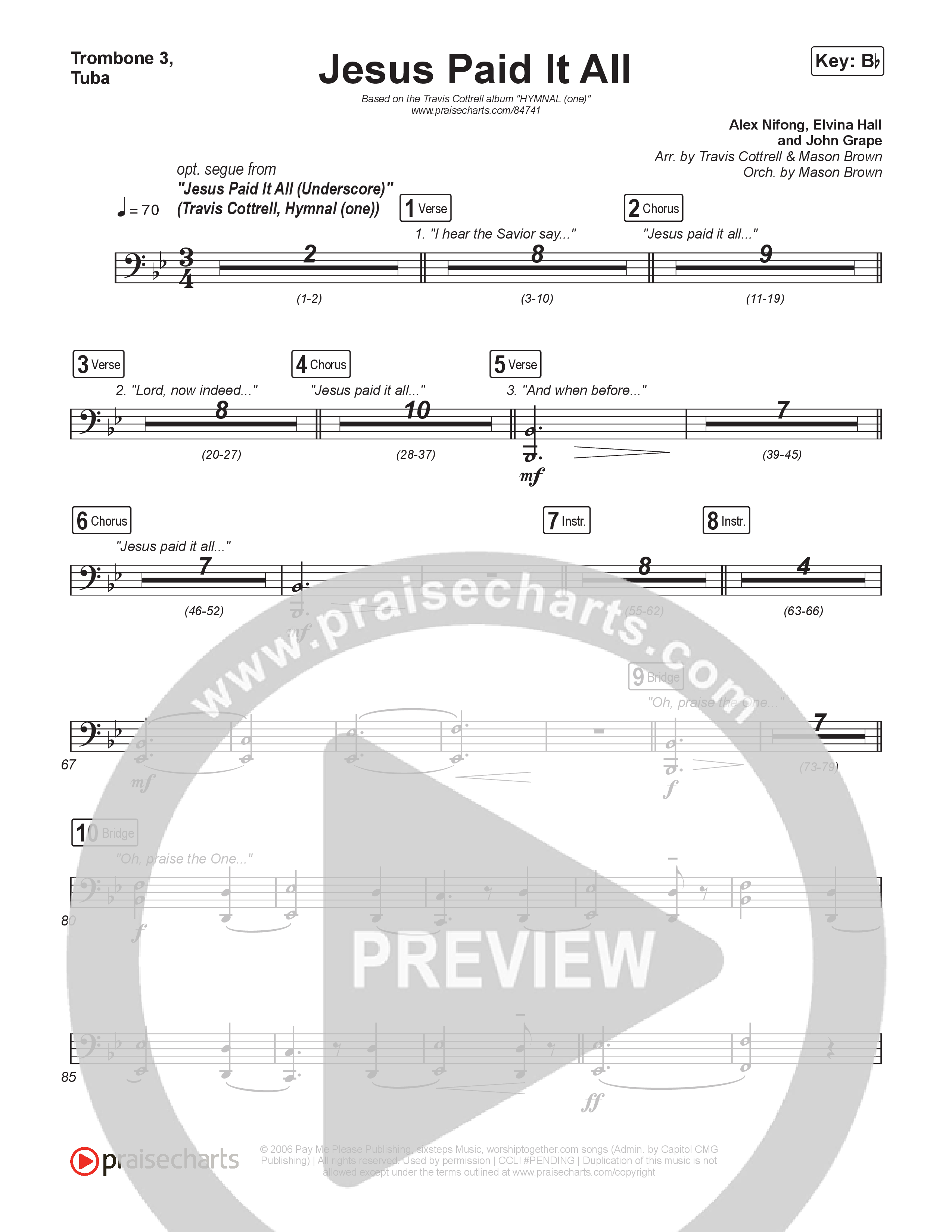 Jesus Paid It All (Choral/SATB) Trombone 3/Tuba (Travis Cottrell / Arr. Mason Brown)