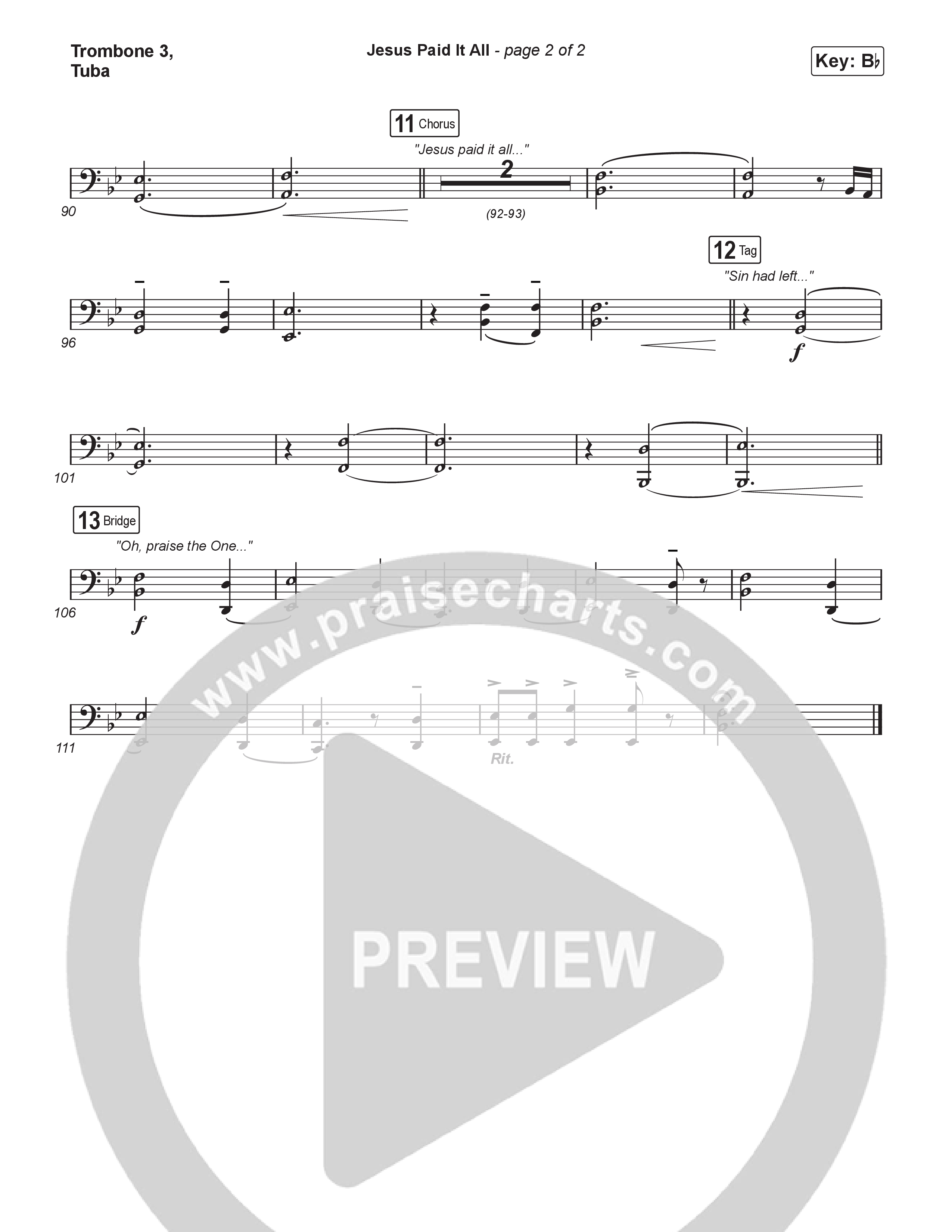 Jesus Paid It All (Choral/SATB) Trombone 3/Tuba (Travis Cottrell / Arr. Mason Brown)