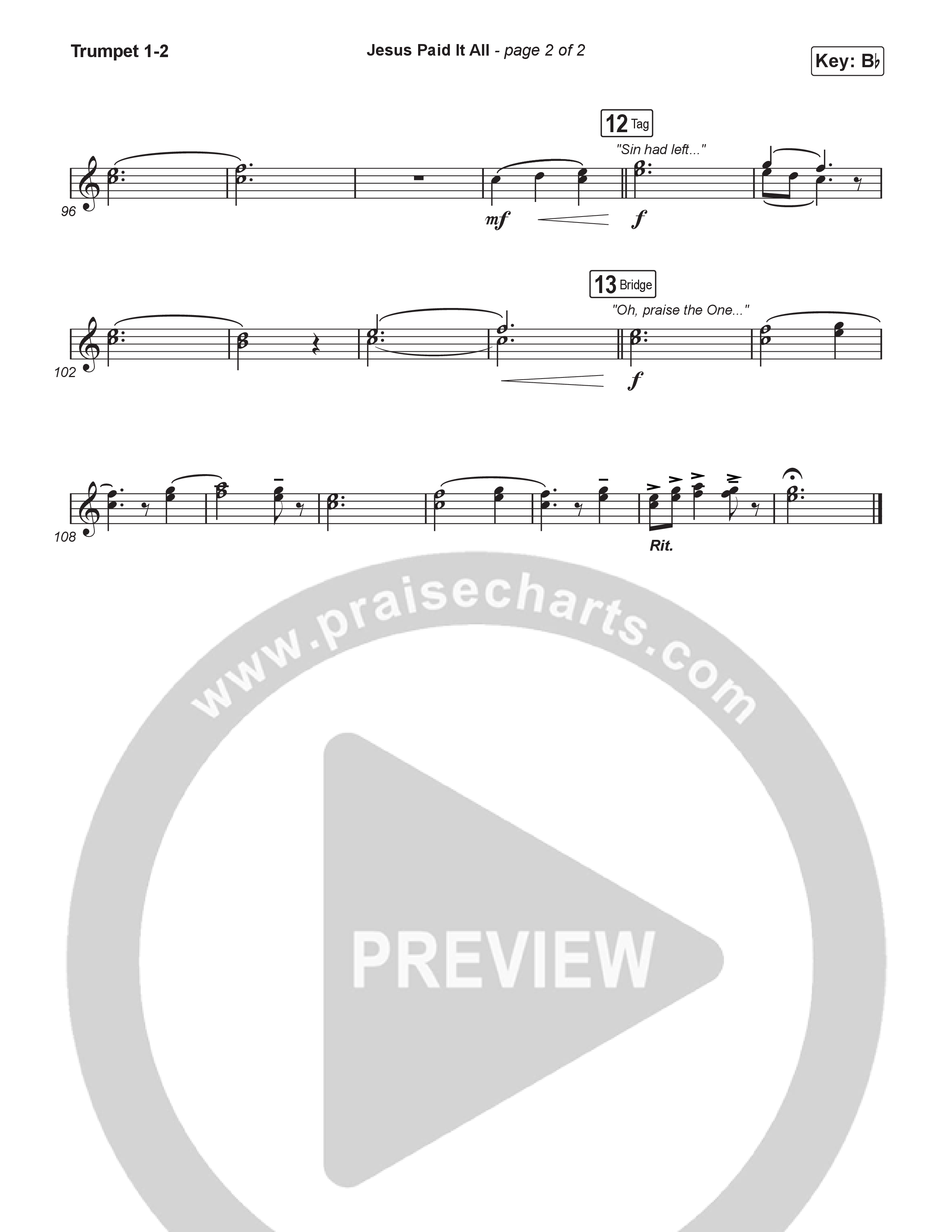 Jesus Paid It All (Choral/SATB) Trumpet 1,2 (Travis Cottrell / Arr. Mason Brown)