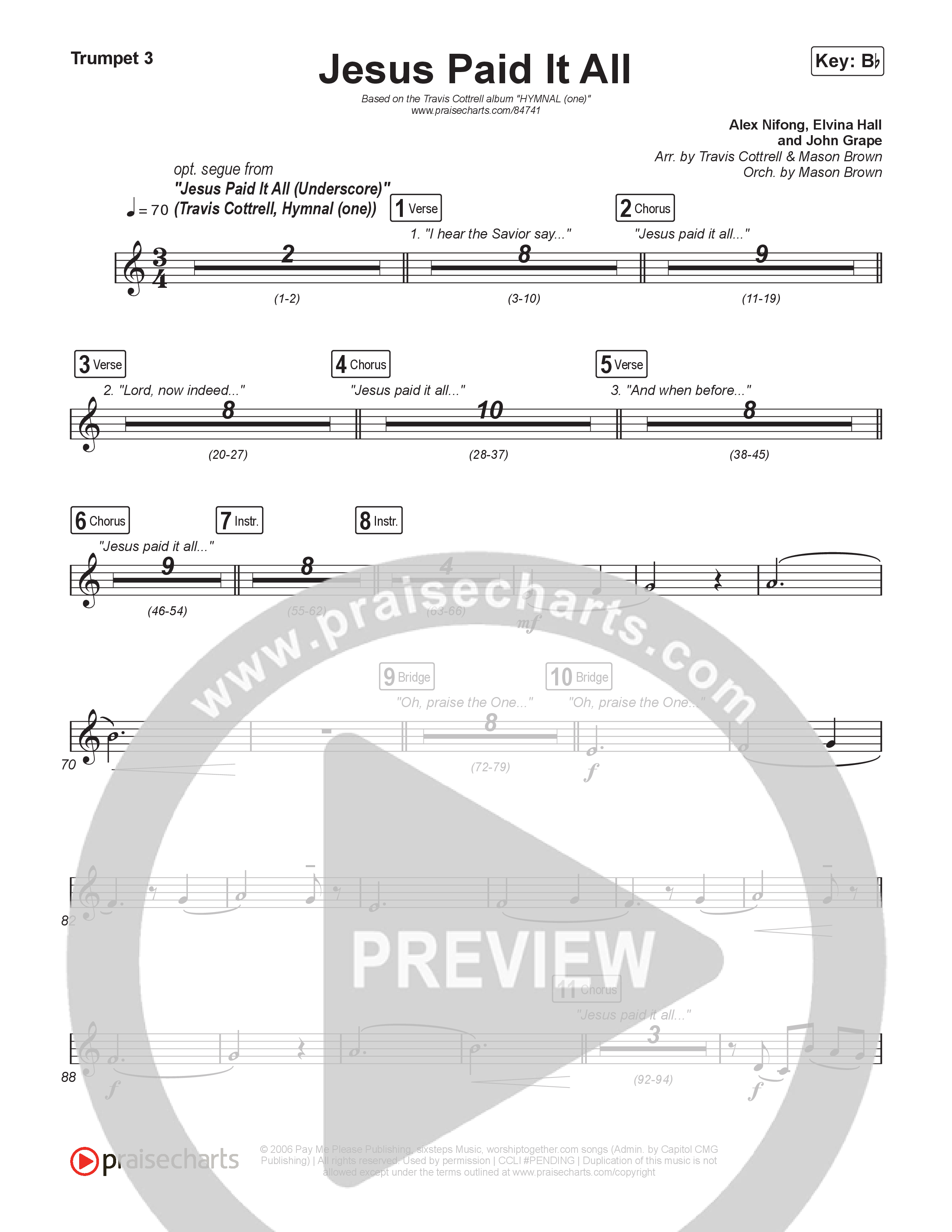 Jesus Paid It All (Choral/SATB) Trumpet 3 (Travis Cottrell / Arr. Mason Brown)