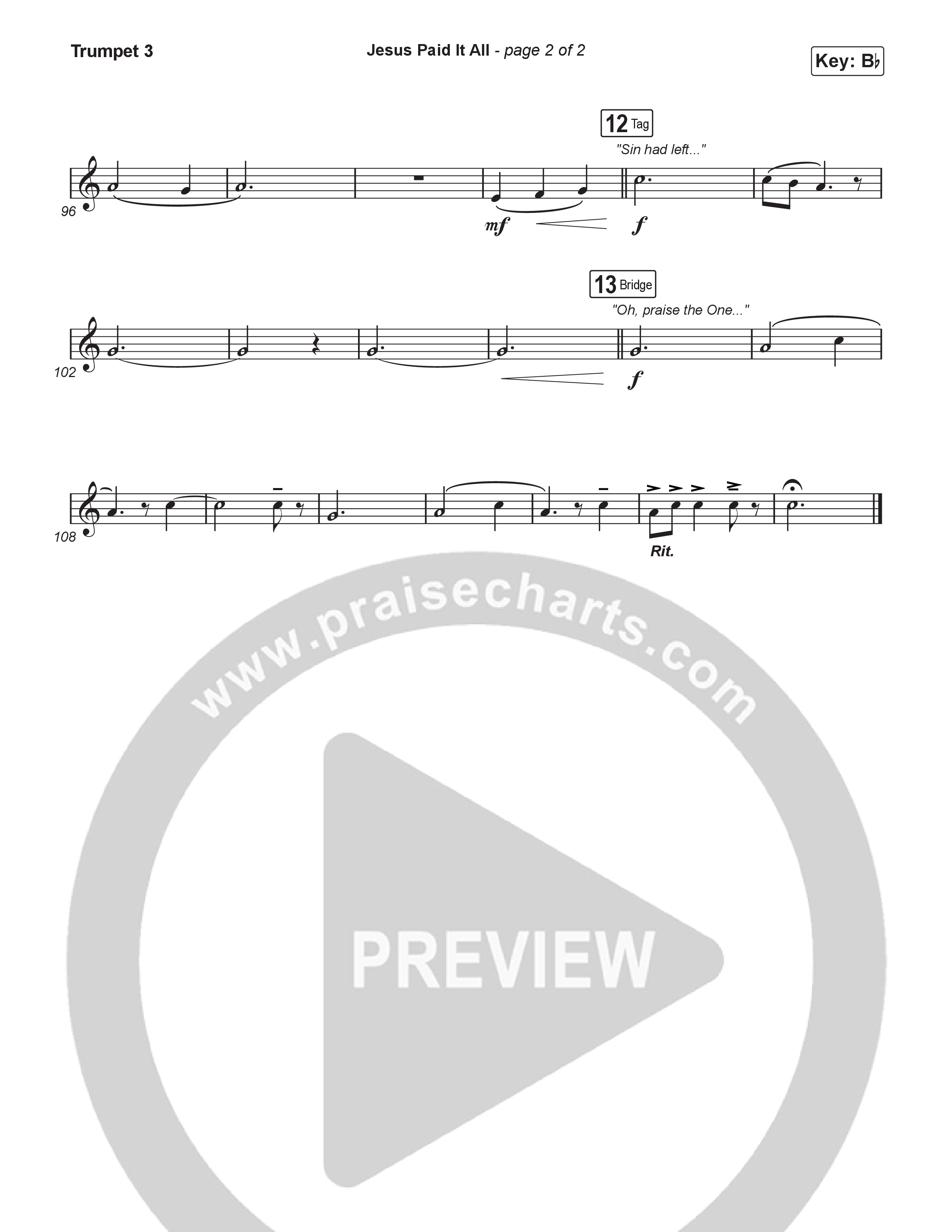 Jesus Paid It All (Choral/SATB) Trumpet 3 (Travis Cottrell / Arr. Mason Brown)