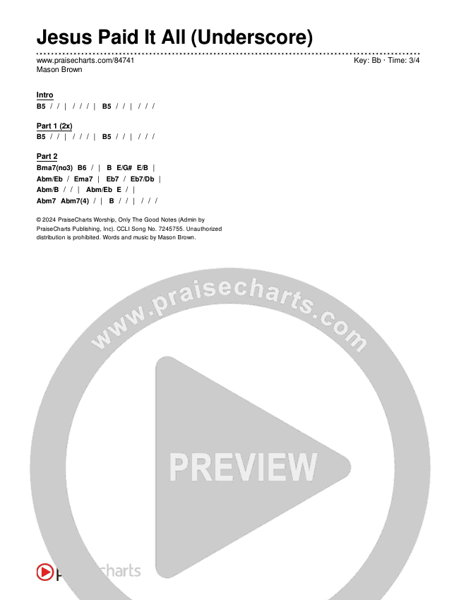 Jesus Paid It All (Underscore) Chords & Lyrics (Mason Brown)