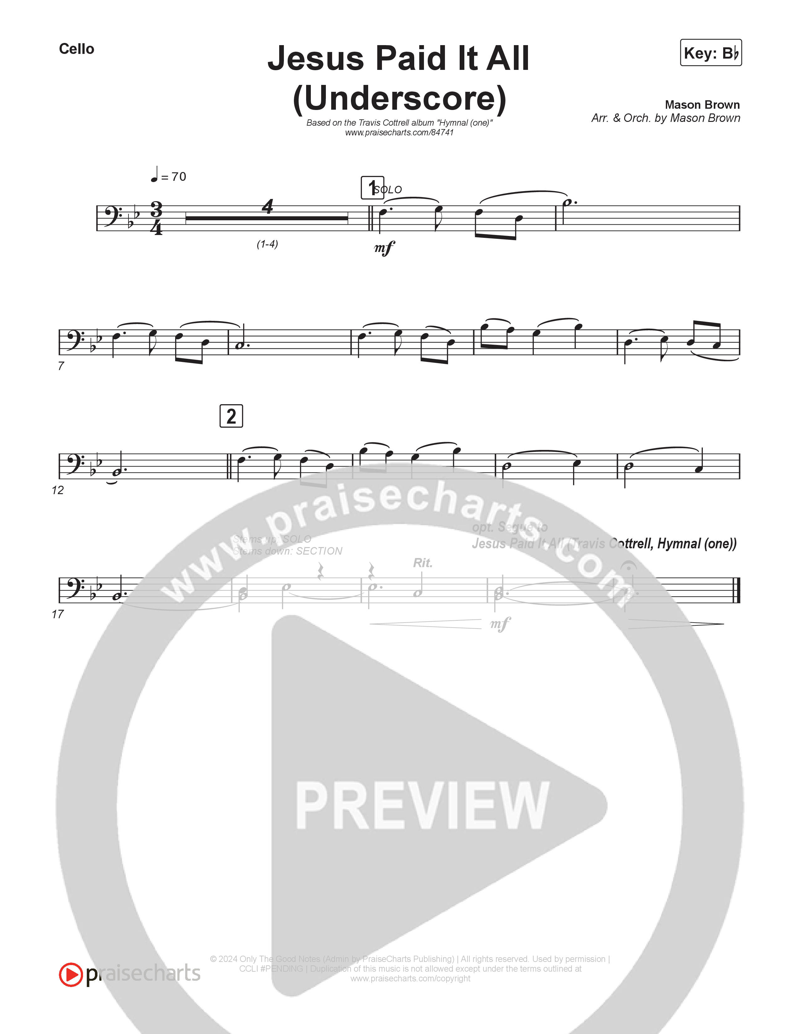 Jesus Paid It All (Underscore) Cello (Mason Brown)