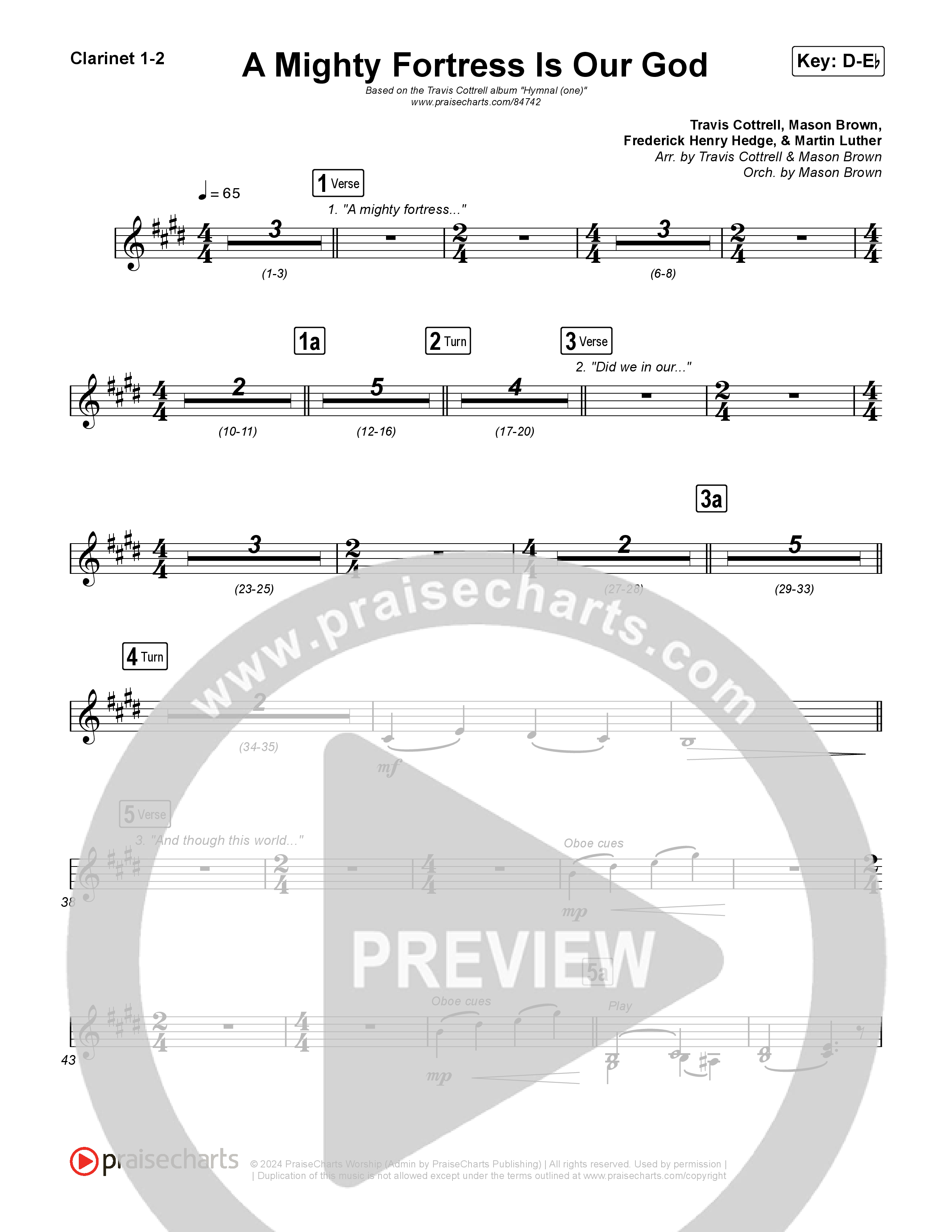 A Mighty Fortress Is Our God (Choral/SATB) Clarinet 1,2 (Travis Cottrell / Arr. Mason Brown)
