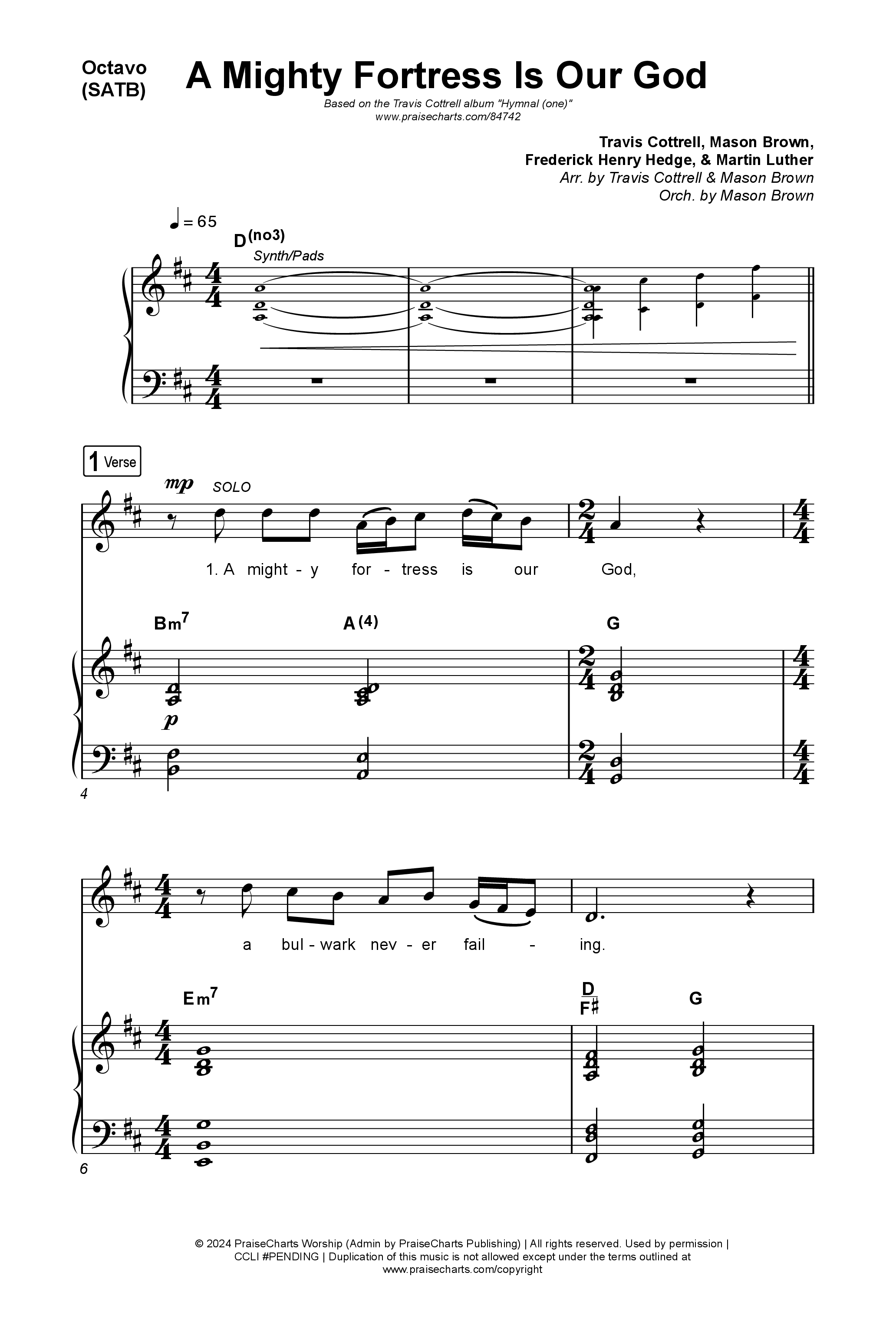 A Mighty Fortress Is Our God (Choral/SATB) Octavo (SATB & Pno) (Travis Cottrell / Arr. Mason Brown)