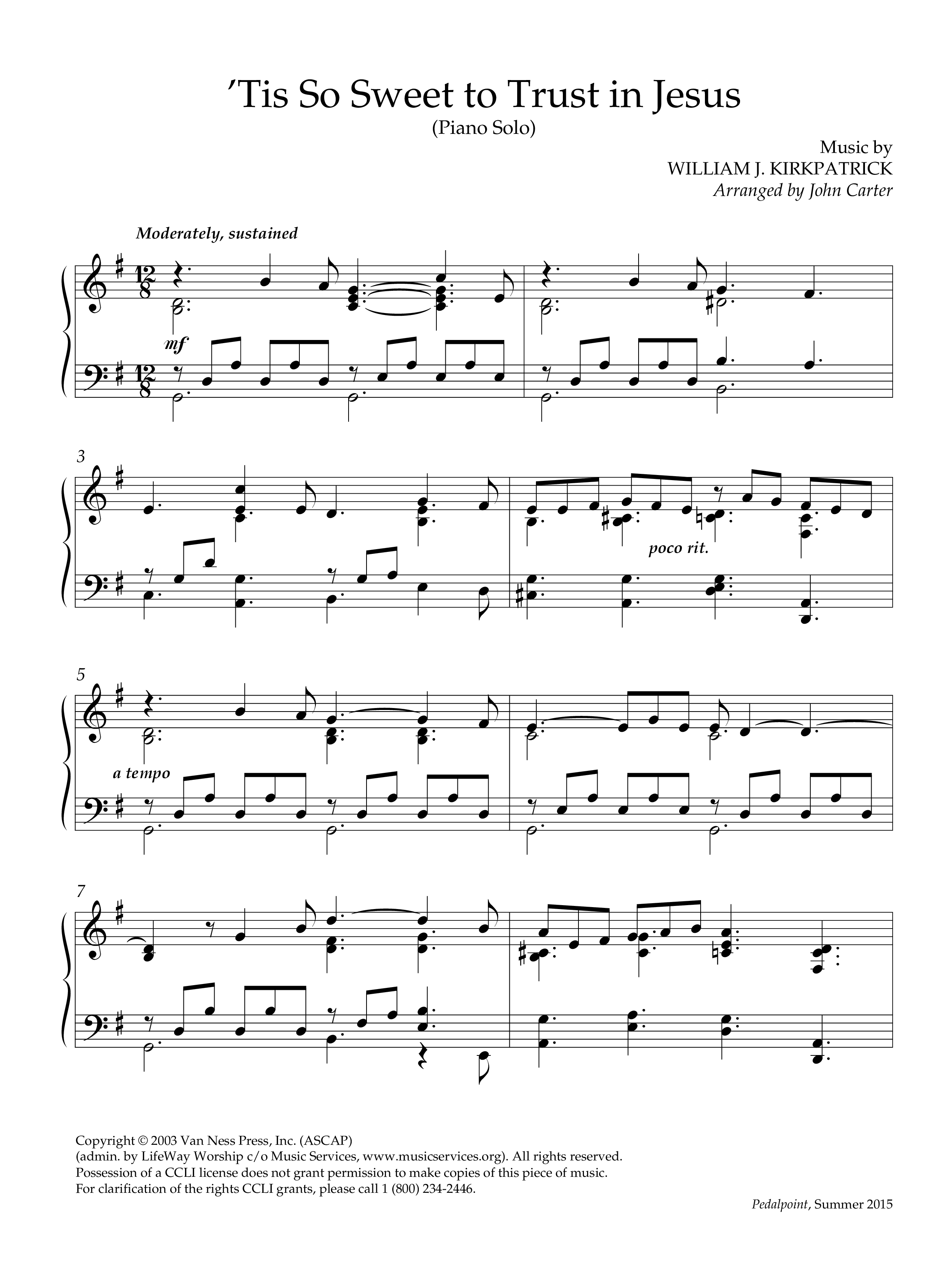 Tis So Sweet To Trust In Jesus (Instrumental) Piano Solo (Lifeway Worship / Arr. John Carter)