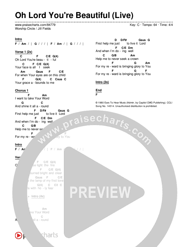 Oh Lord You're Beautiful (Live) Chords & Lyrics (Worship Circle / Jill Fields)