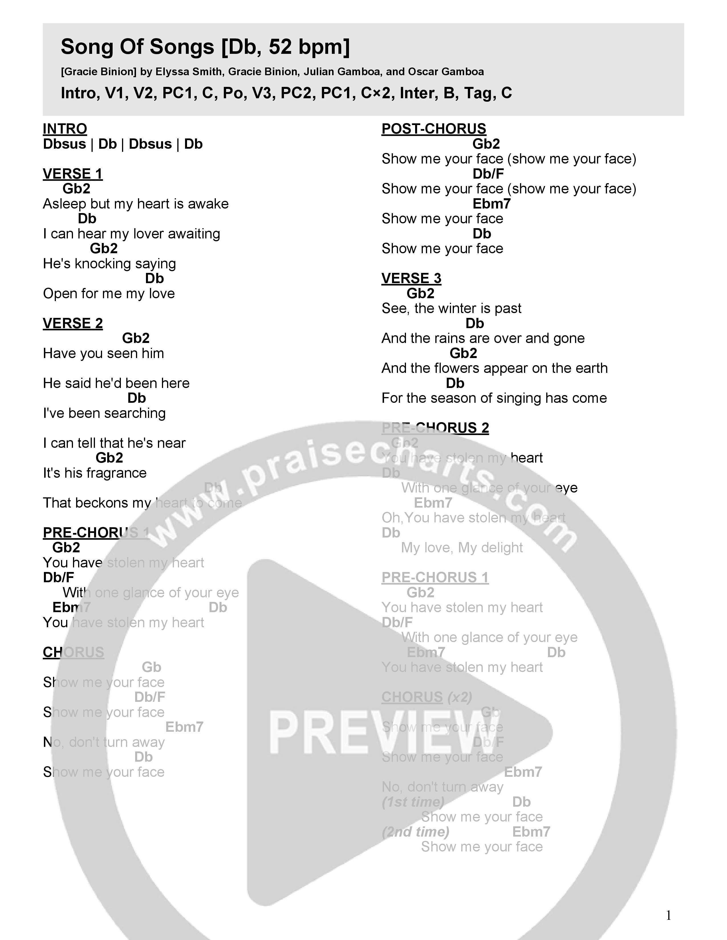 Song Of Songs Chord Chart (Gracie Binion)