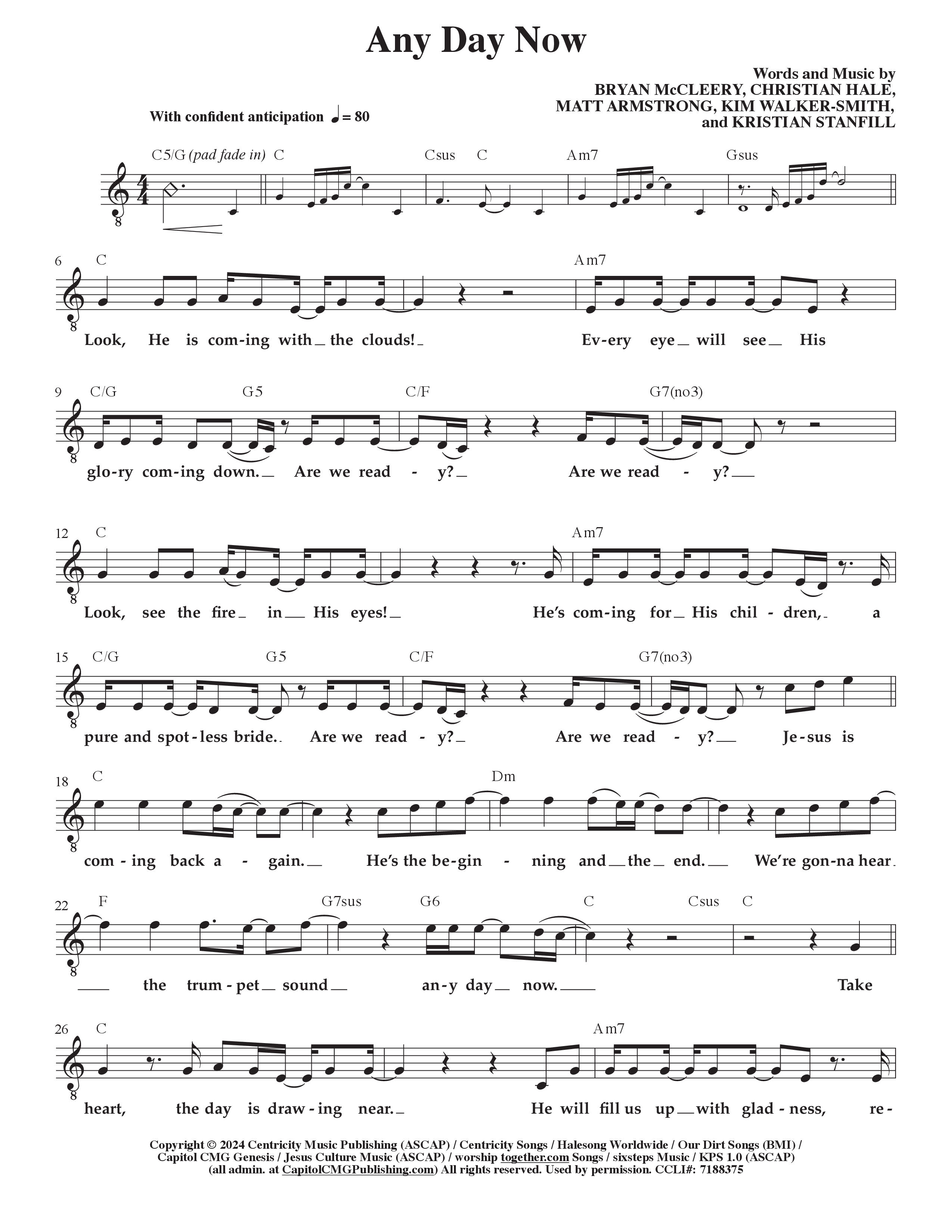 Any Day Now Lead Sheet Melody (Bryan McCleery / Centricity Worship)