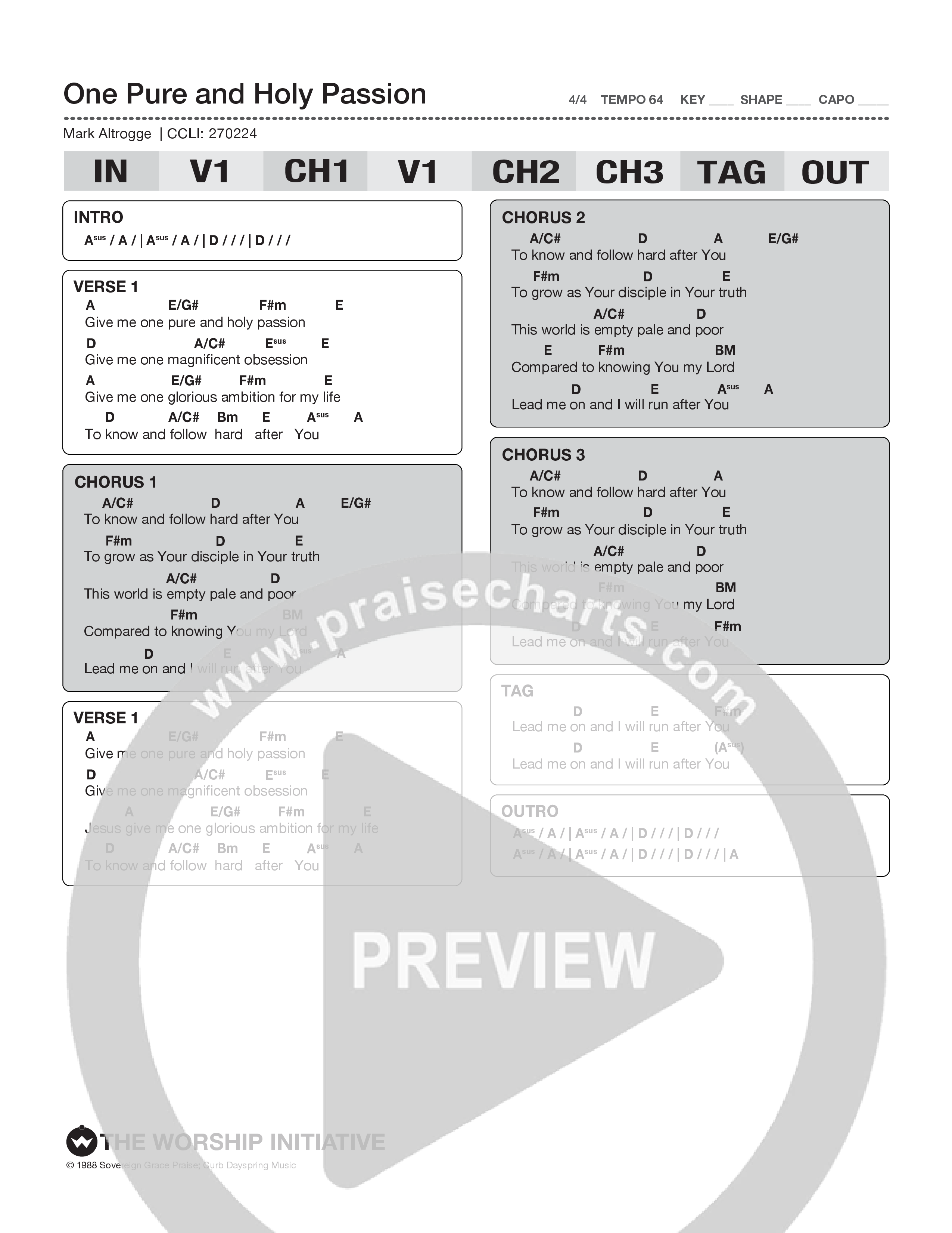 One Pure And Holy Passion Chord Chart (Shane & Shane)