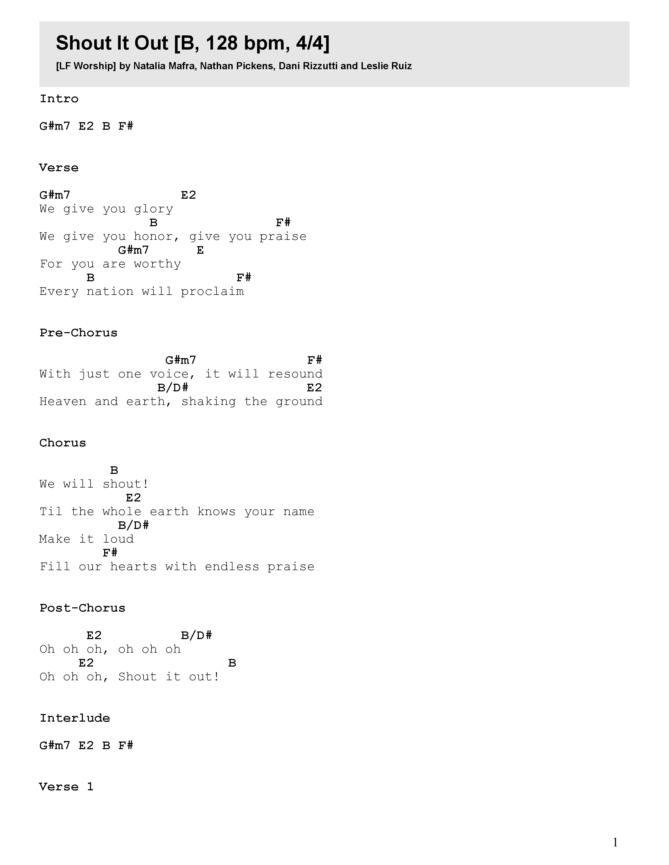 Shout It Out (Live) Chord Chart (LF Worship)