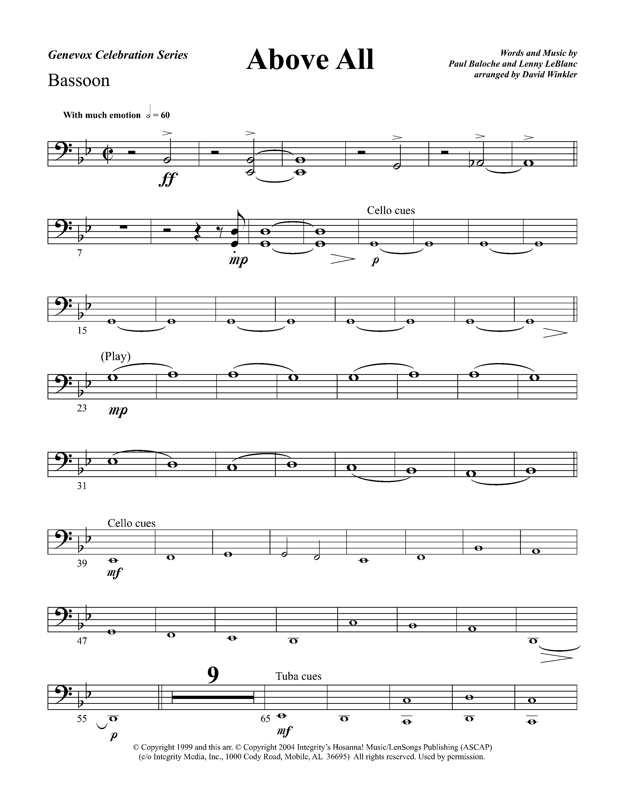 Above All (Instrumental) Bassoon (Lifeway Worship / Arr. David Winkler)