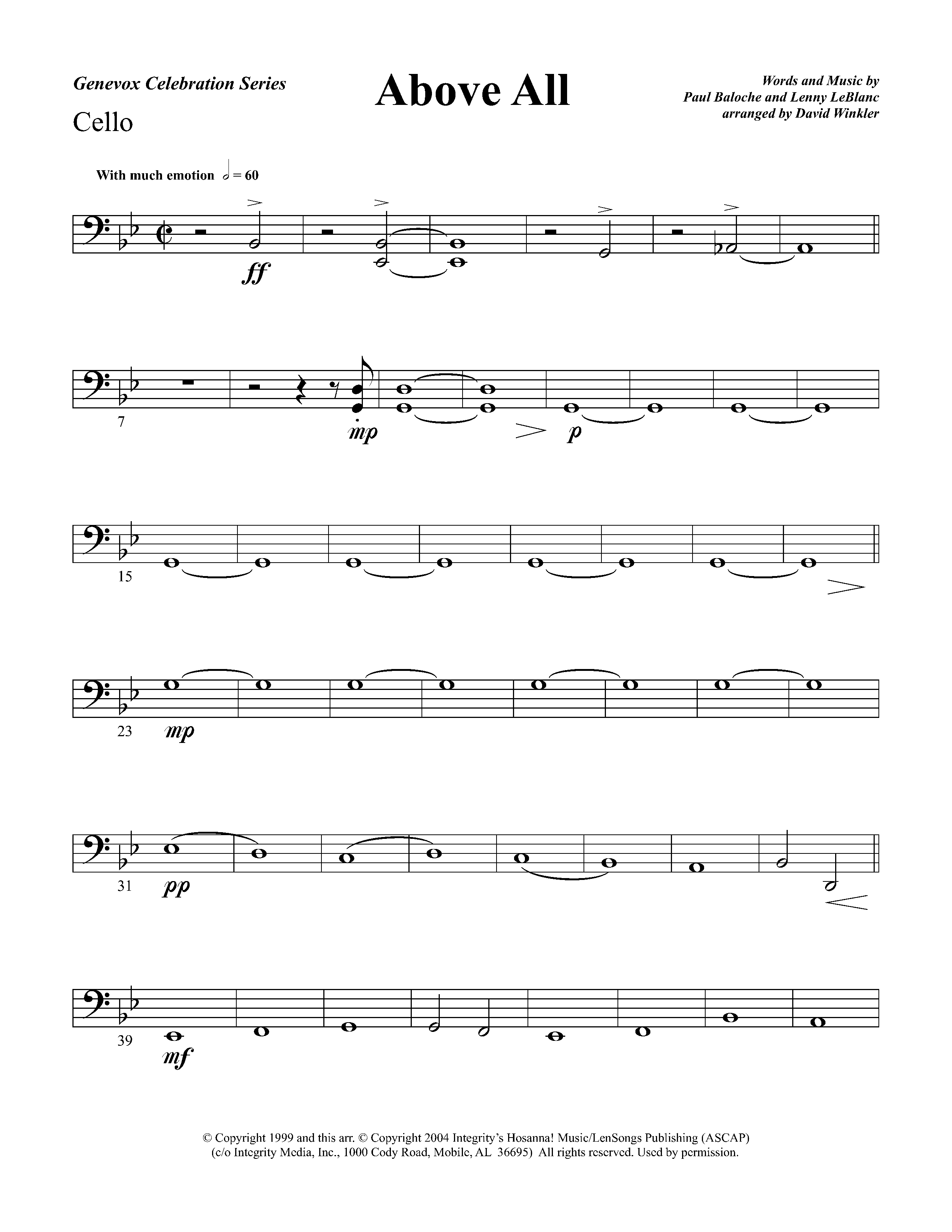 Above All (Instrumental) Cello (Lifeway Worship / Arr. David Winkler)