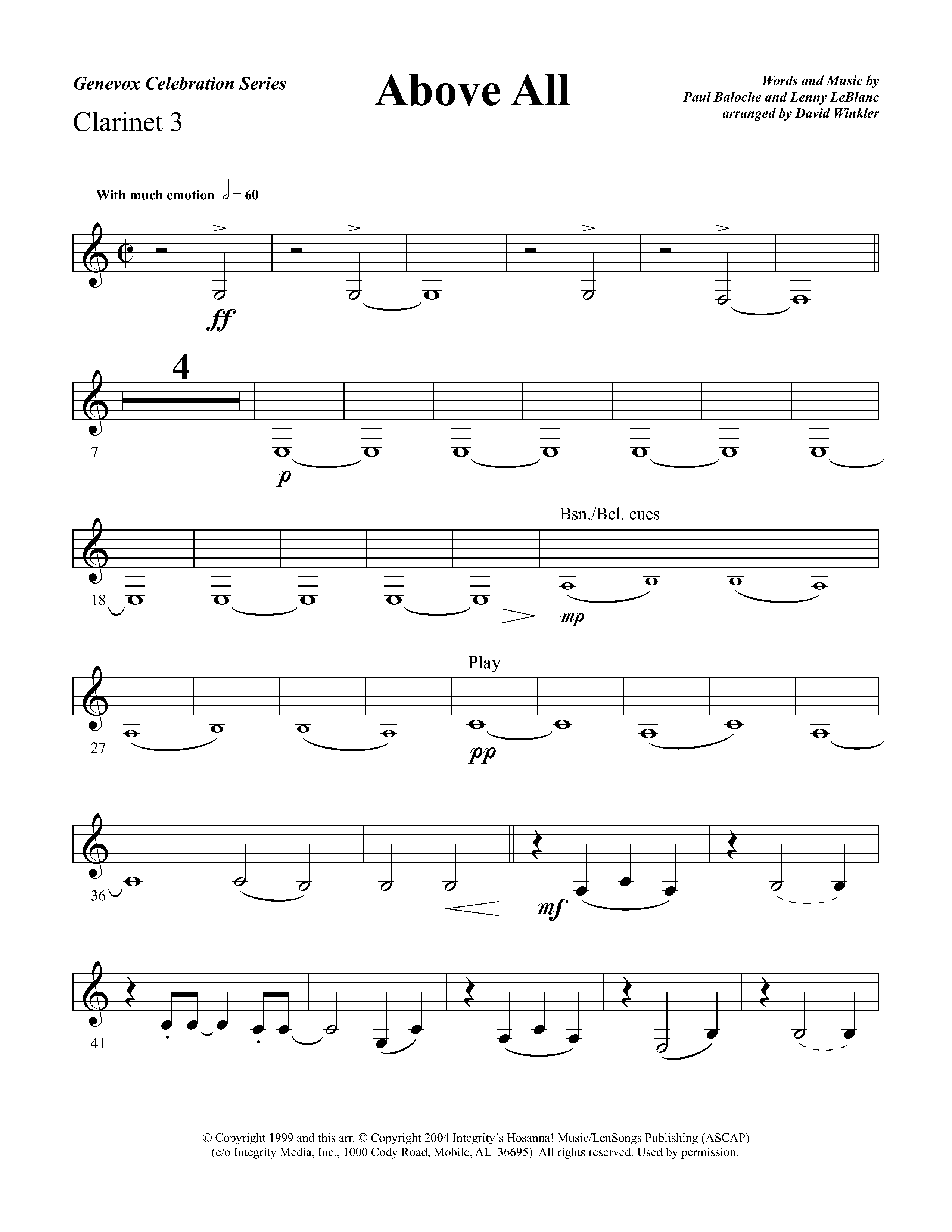 Above All (Instrumental) Clarinet 3 (Lifeway Worship / Arr. David Winkler)