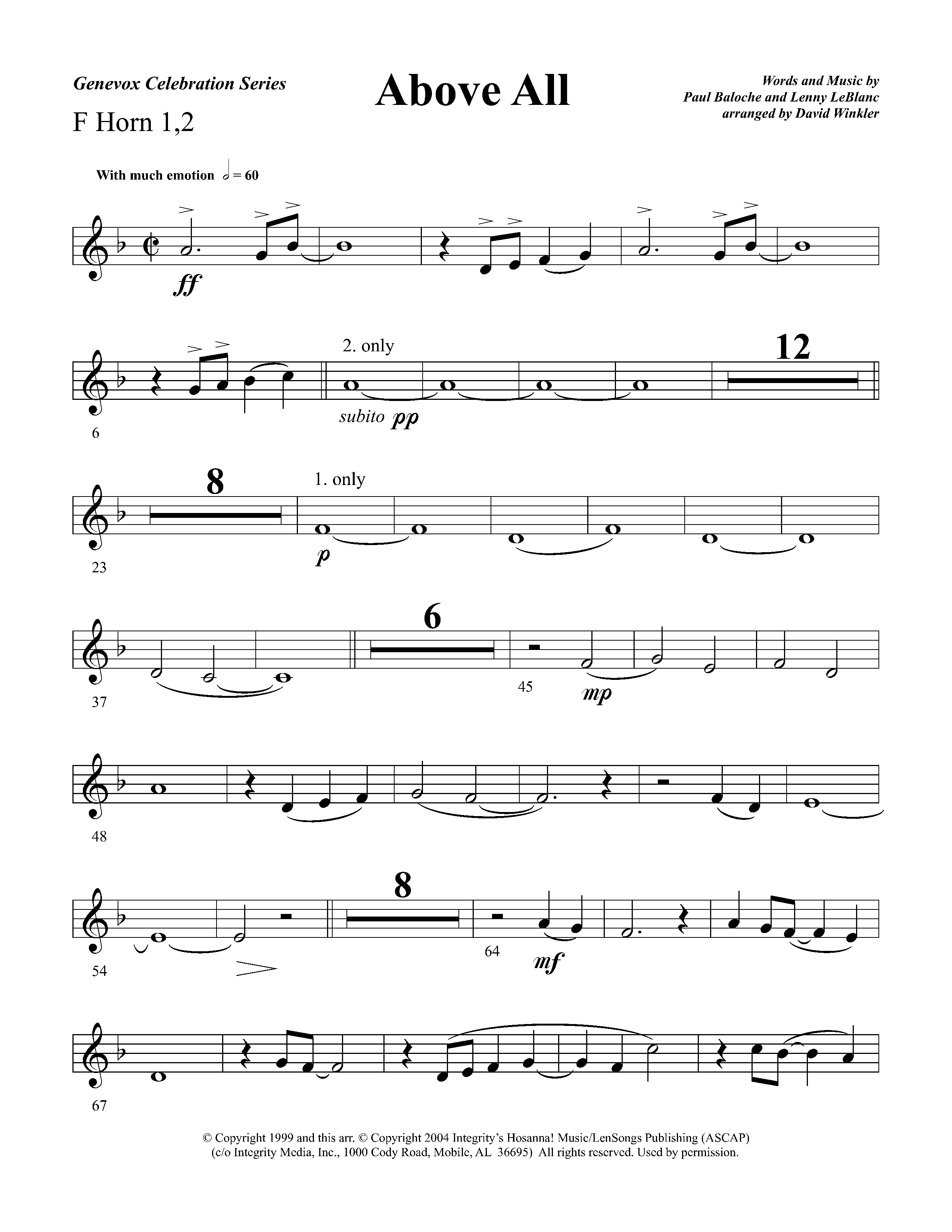 Above All (Instrumental) French Horn 1/2 (Lifeway Worship / Arr. David Winkler)