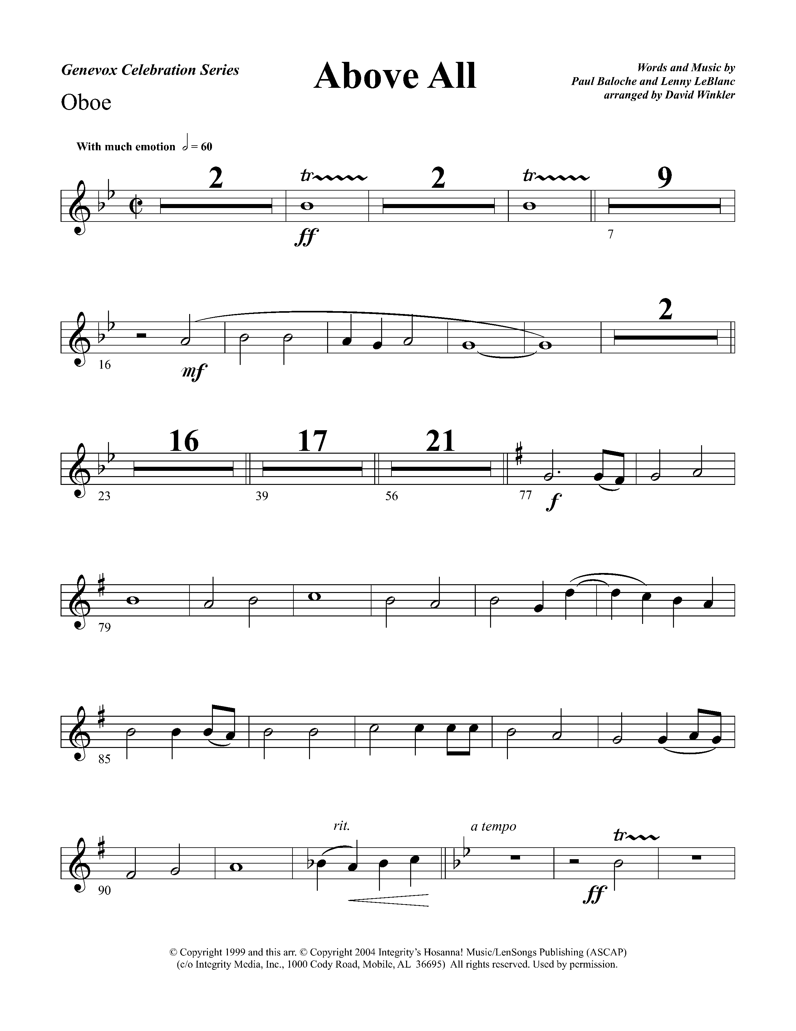 Above All (Instrumental) Oboe (Lifeway Worship / Arr. David Winkler)