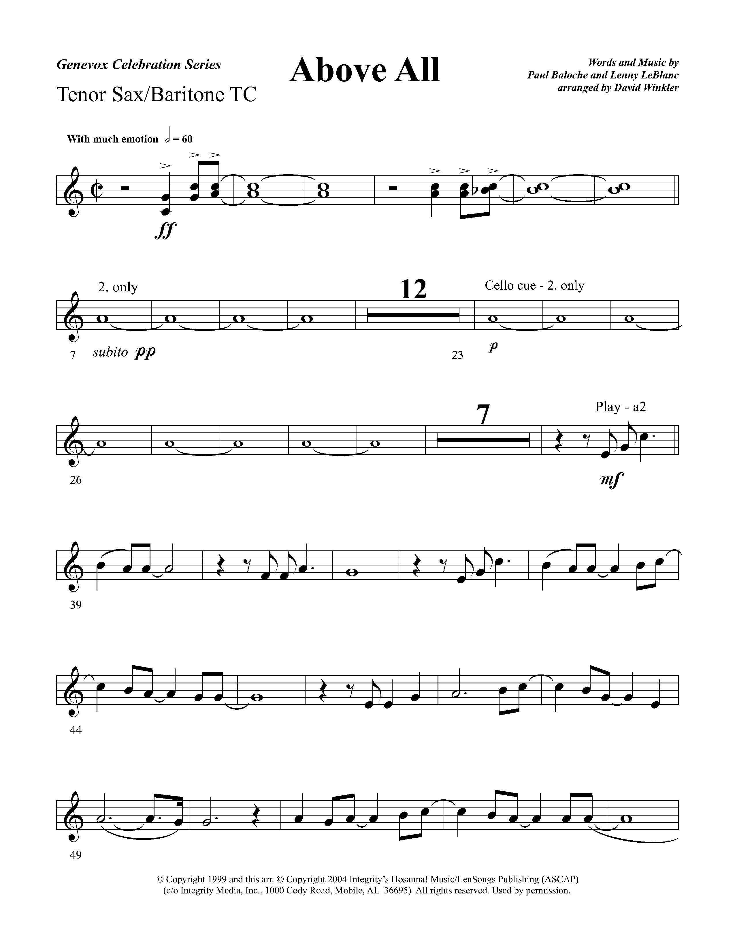 Above All (Instrumental) Tenor Sax/Baritone T.C. (Lifeway Worship / Arr. David Winkler)