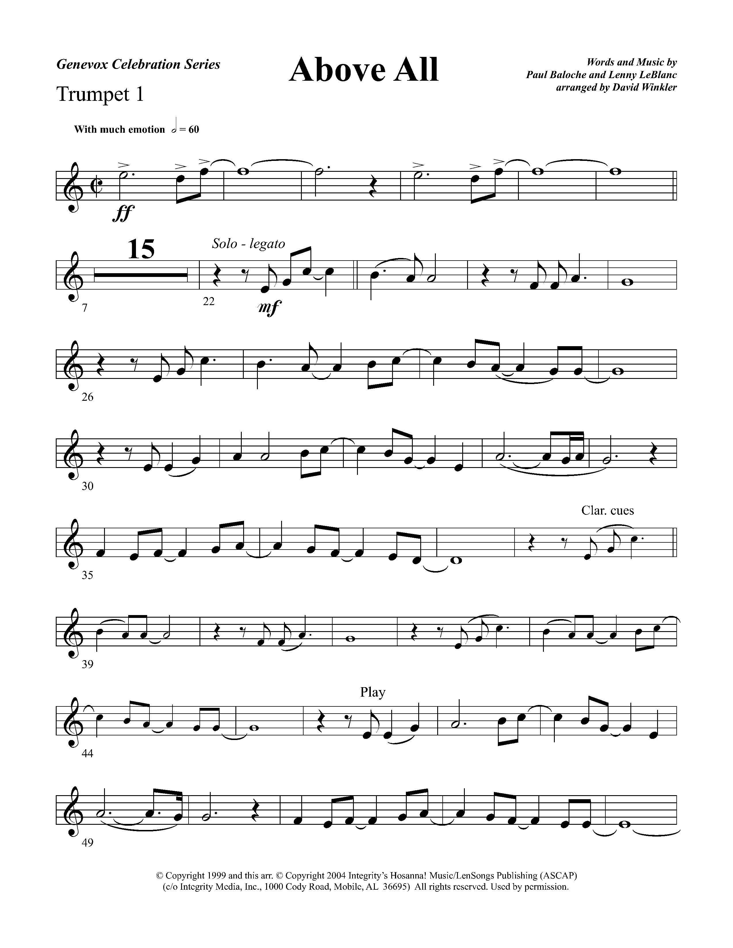 Above All (Instrumental) Trumpet 1 (Lifeway Worship / Arr. David Winkler)