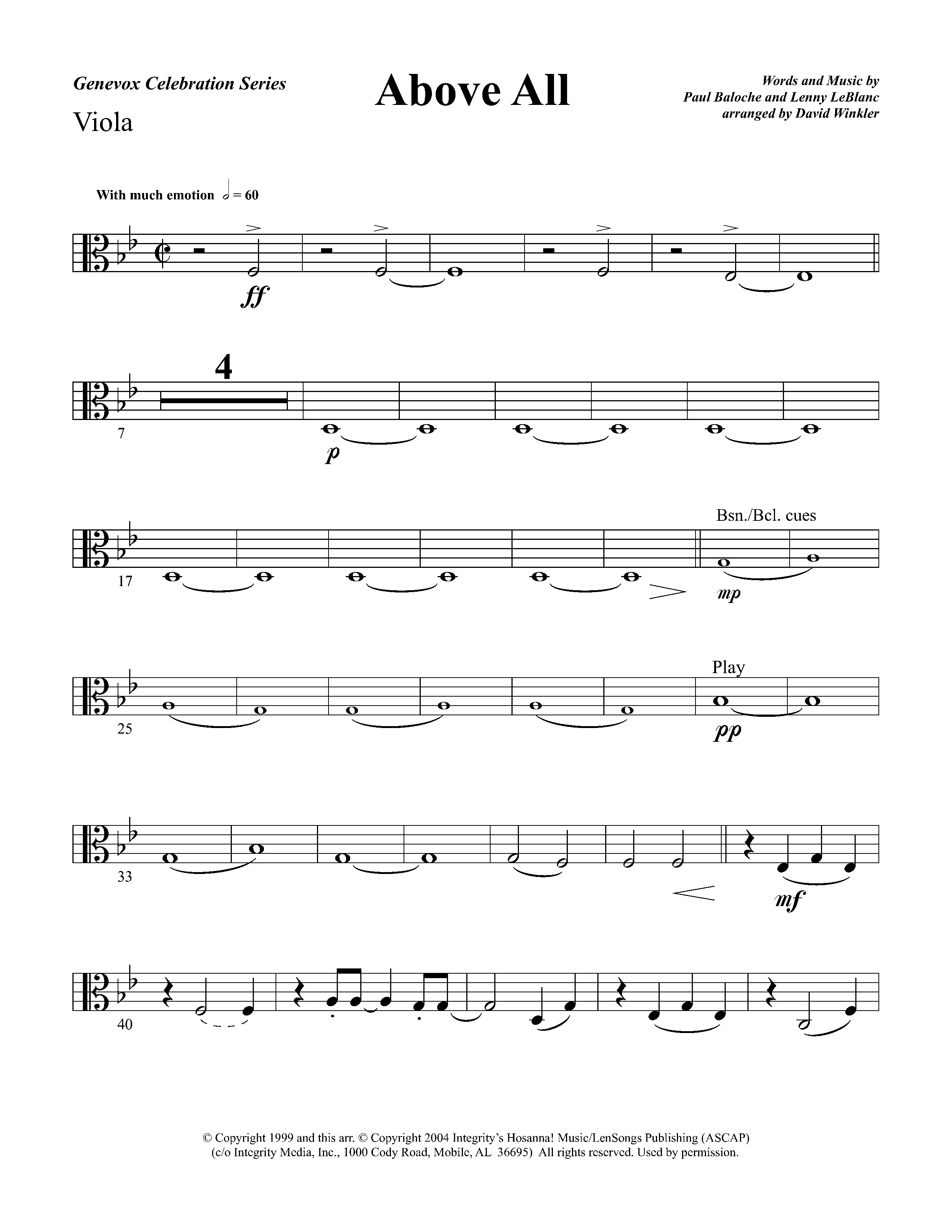 Above All (Instrumental) Viola (Lifeway Worship / Arr. David Winkler)